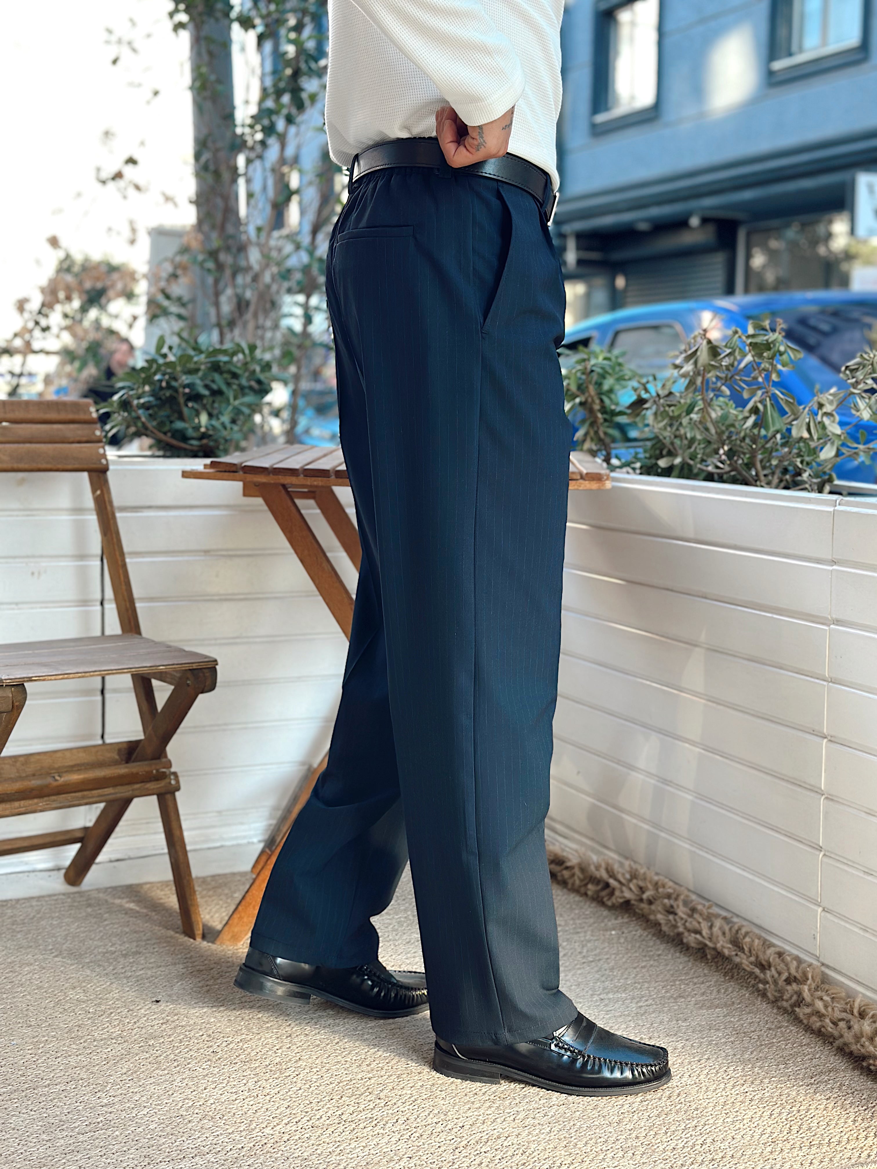 MP4098 - Giesto Çift Pileli Çizgili Baggy Kumaş Pantolon laci