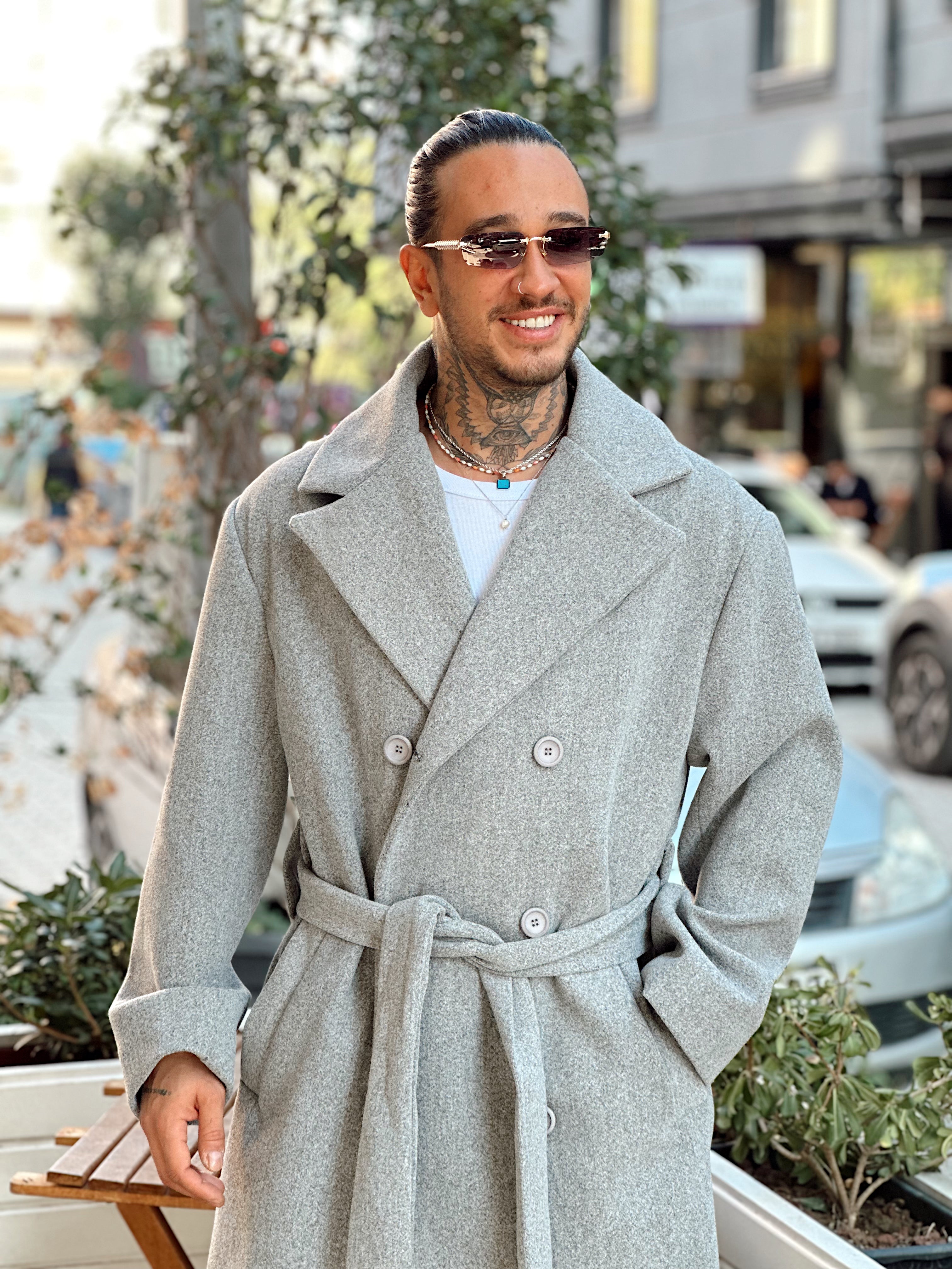 MM4044 - Giesto Oversize Kuşaklı Kaşe Kaban gri