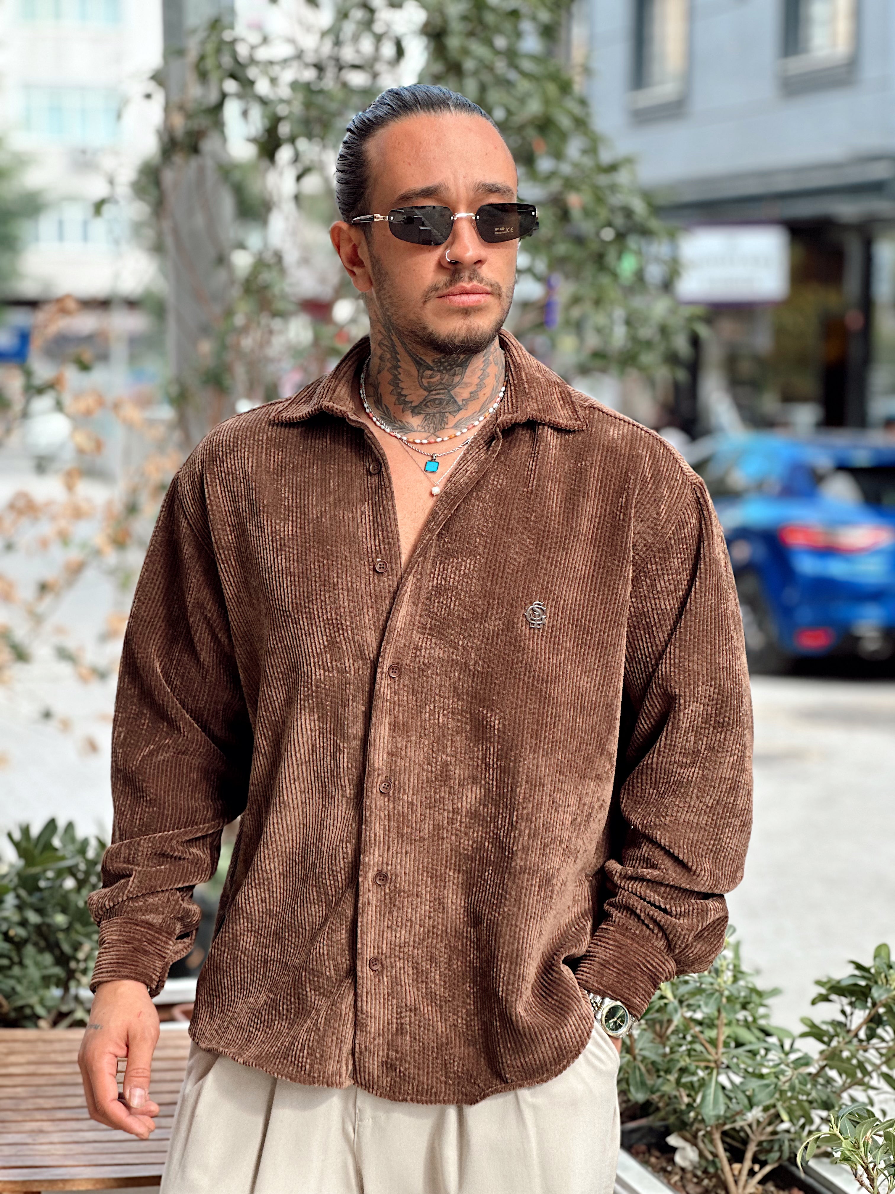 MG4003 - Oversize Basic Kadife Gömlek kahve
