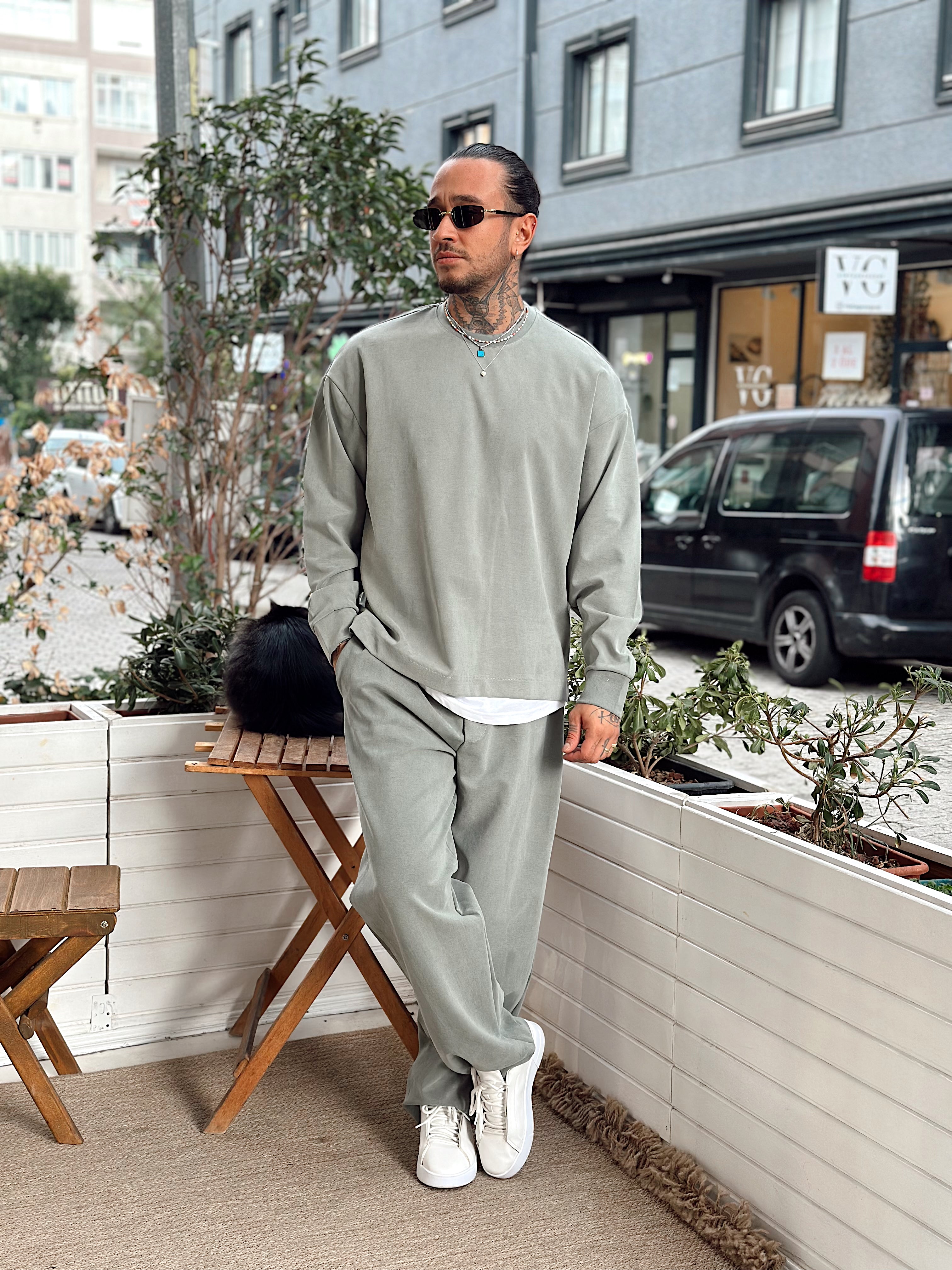 MT4066 - Modal Kumaş Sweatshirt Pantolon Takım yeşil