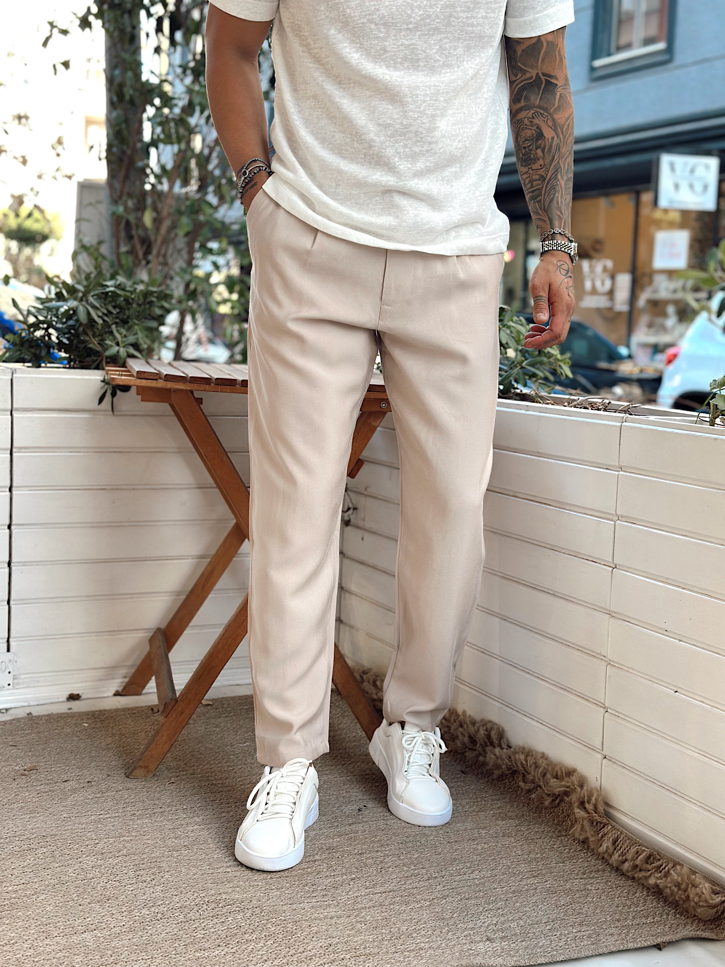 MP3096 - İtalyan Kesim Pileli Gabardin Pantolon krem