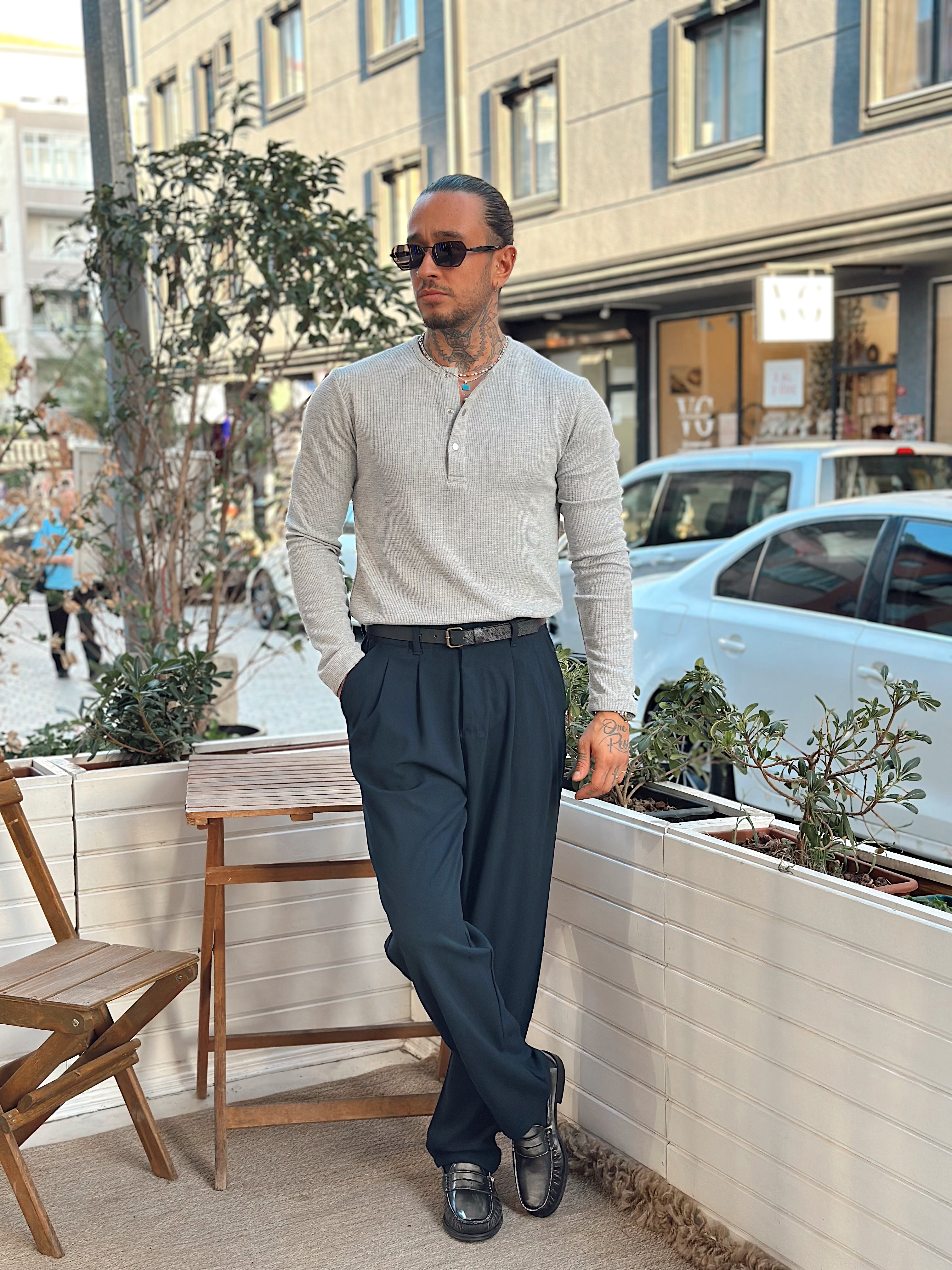 MS4043 - Basic Yaka ÇıtÇıtlı Waffle Kumaş Sweatshirt Gri