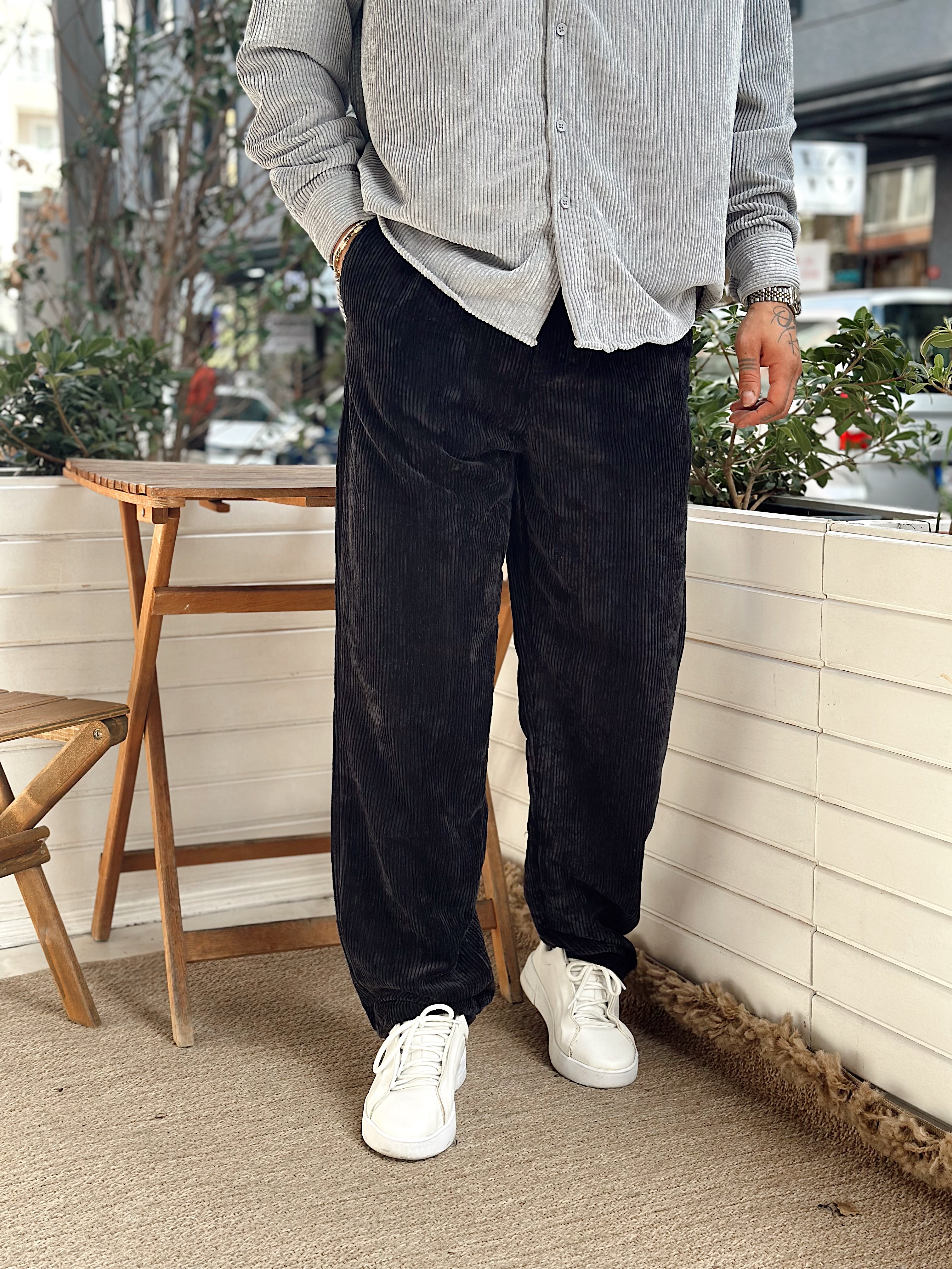 MP4032 - Pileli Baggy Kadife Pantolon Siyah