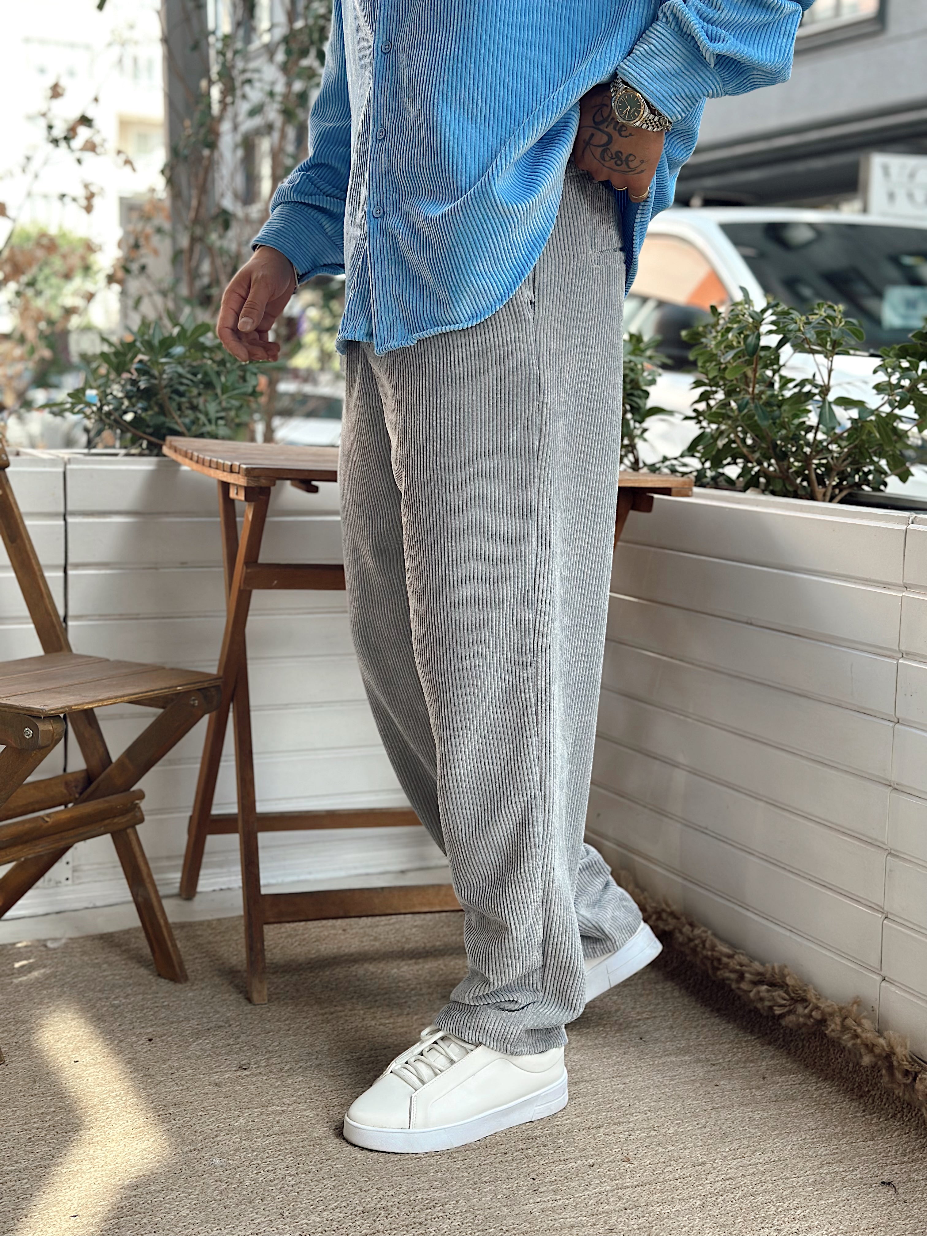 MP4032 - Pileli Baggy Kadife Pantolon gri