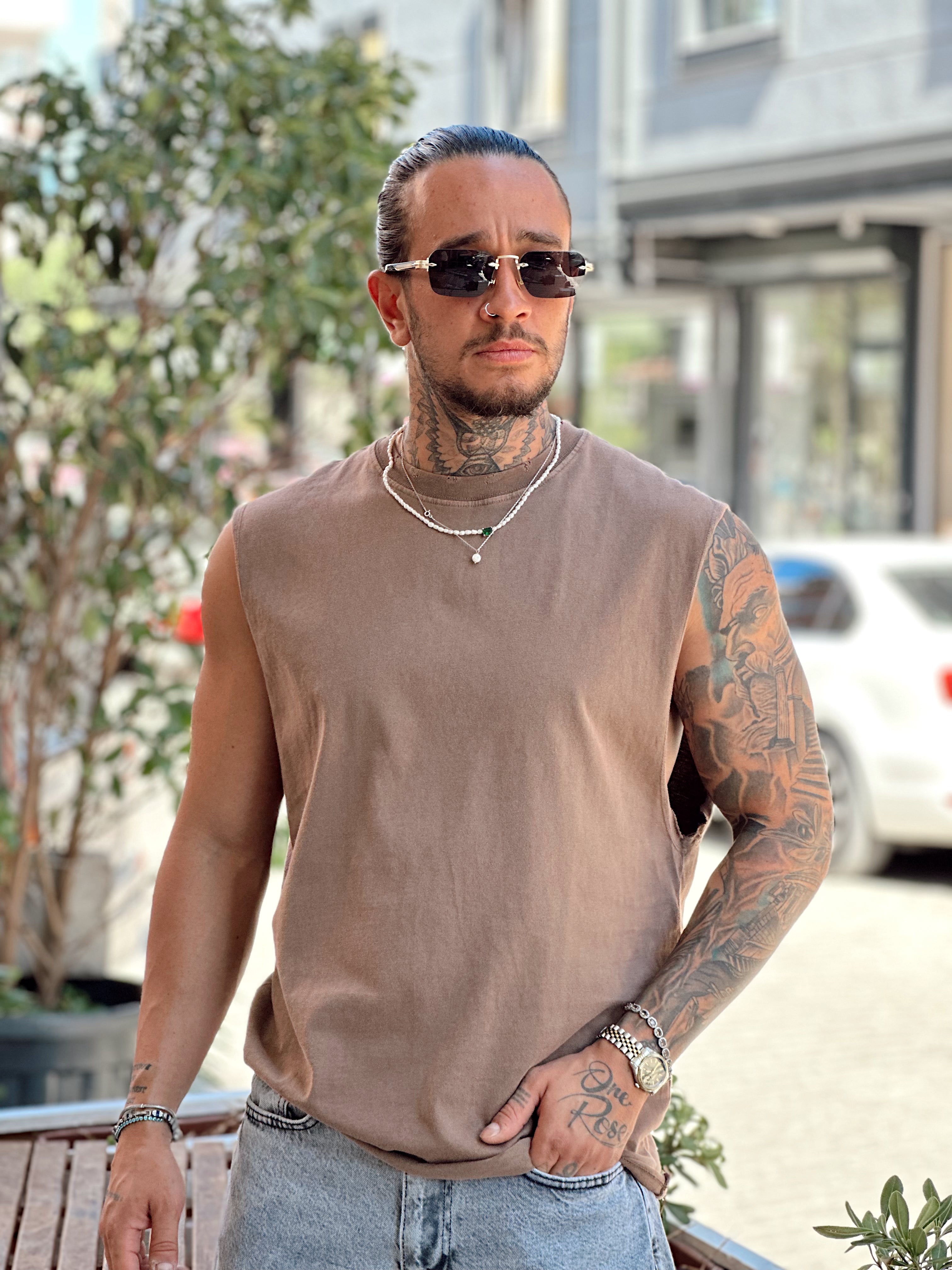 MT3083- Basic Kolsuz Oversize T-Shirt kahve