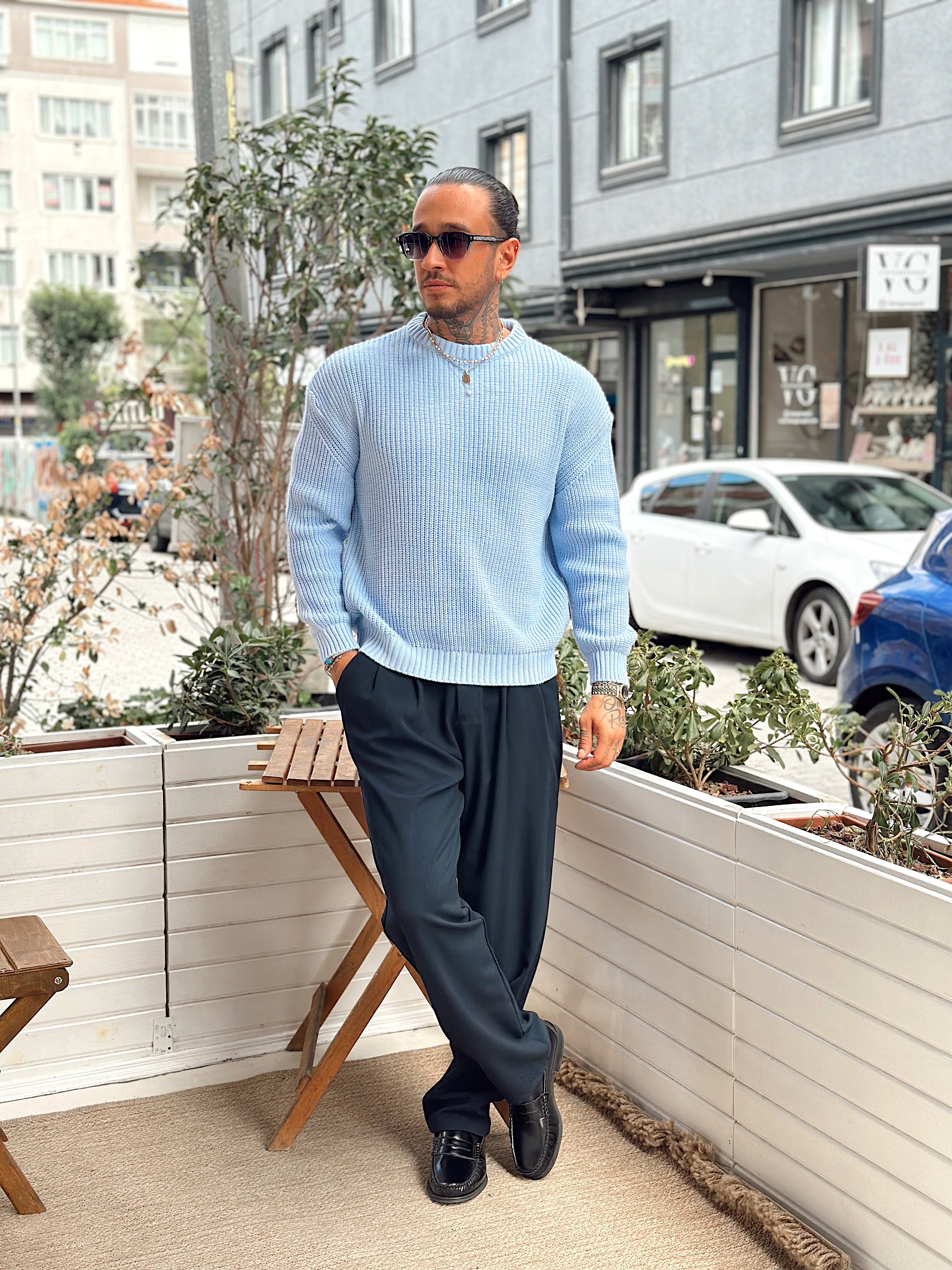 MS4060 - Giesto Oversize Basic Örme Sweatshirt mavi