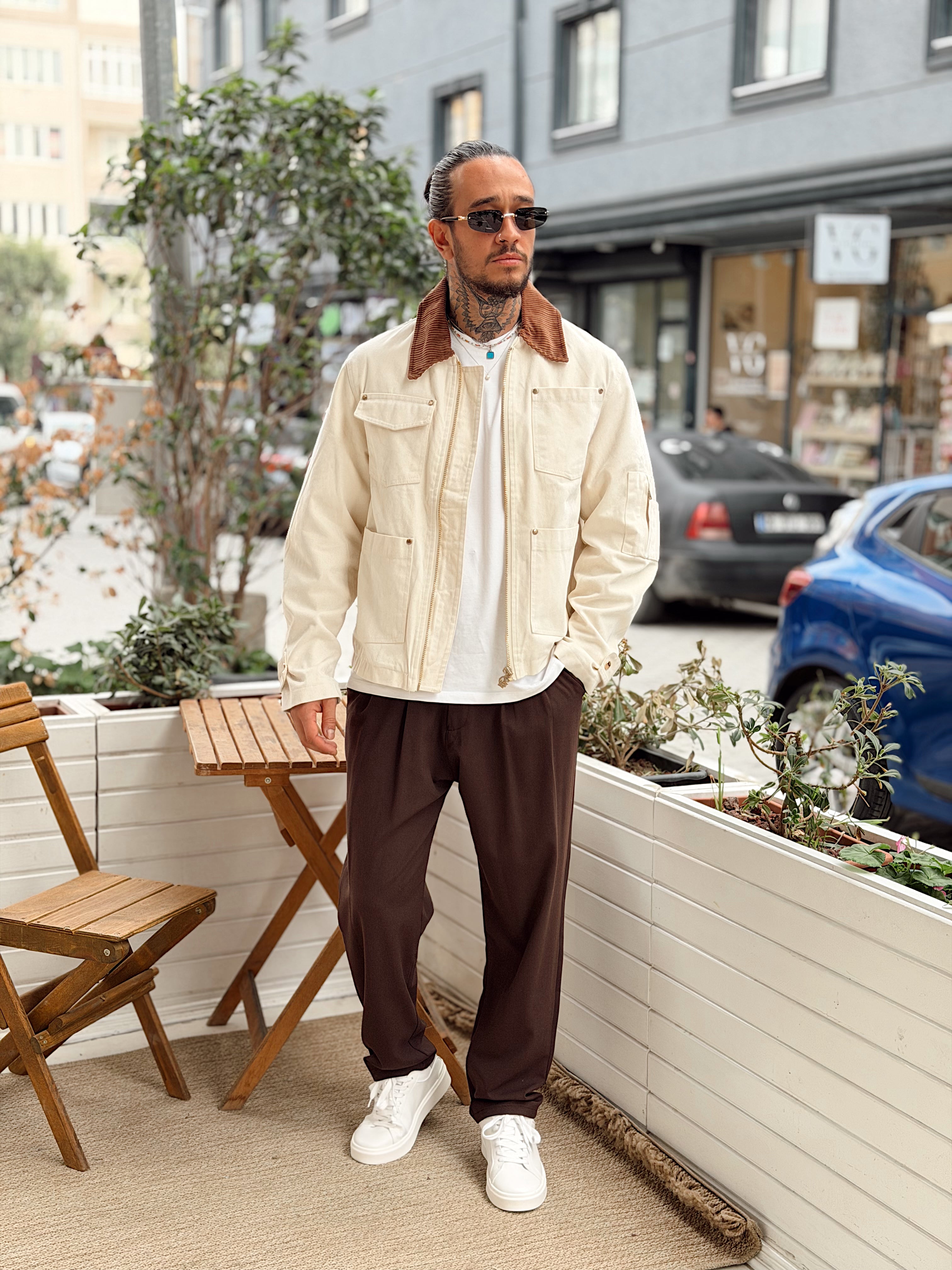 MC4107 - Giesto Çift Renk Cep Detaylı Kadife Ceket krem