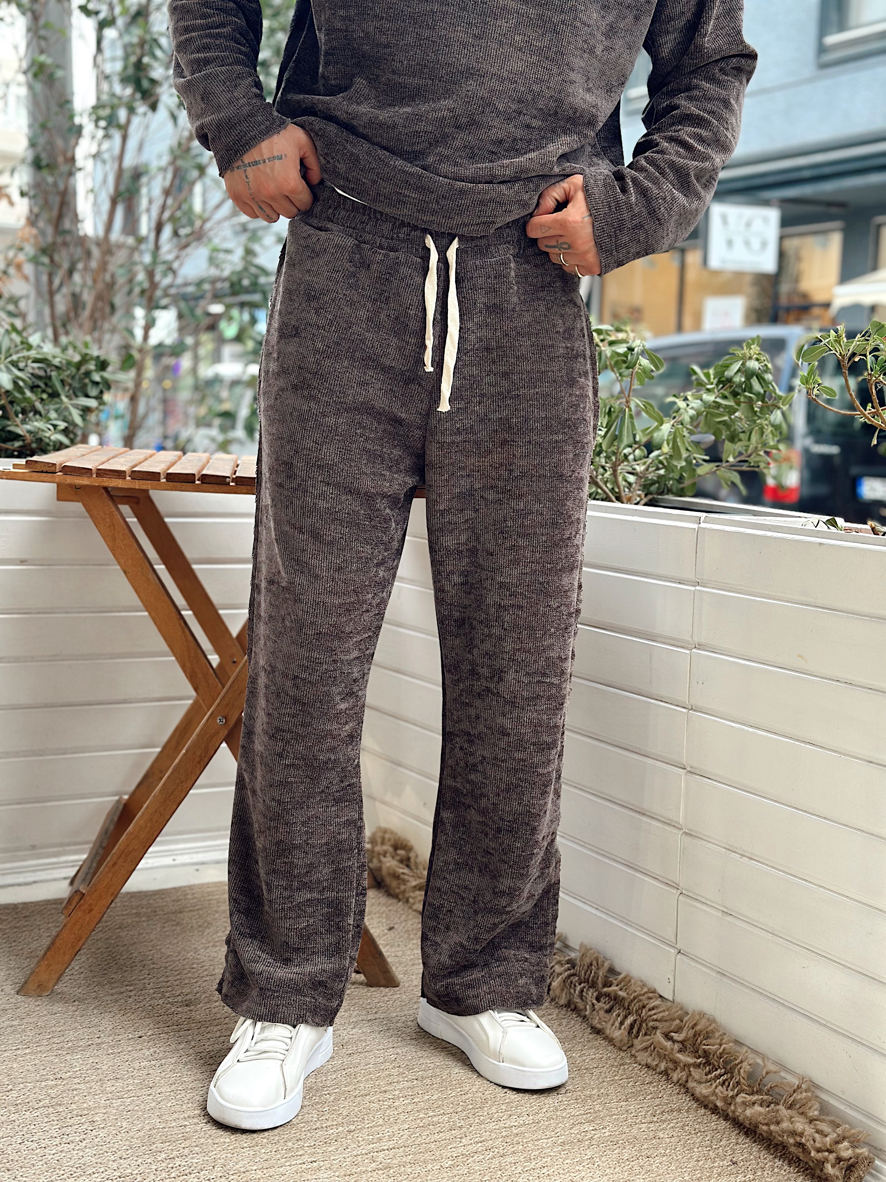 MT4070 - Kumaş Detaylı Sweatshirt Pantolon Takım kahve