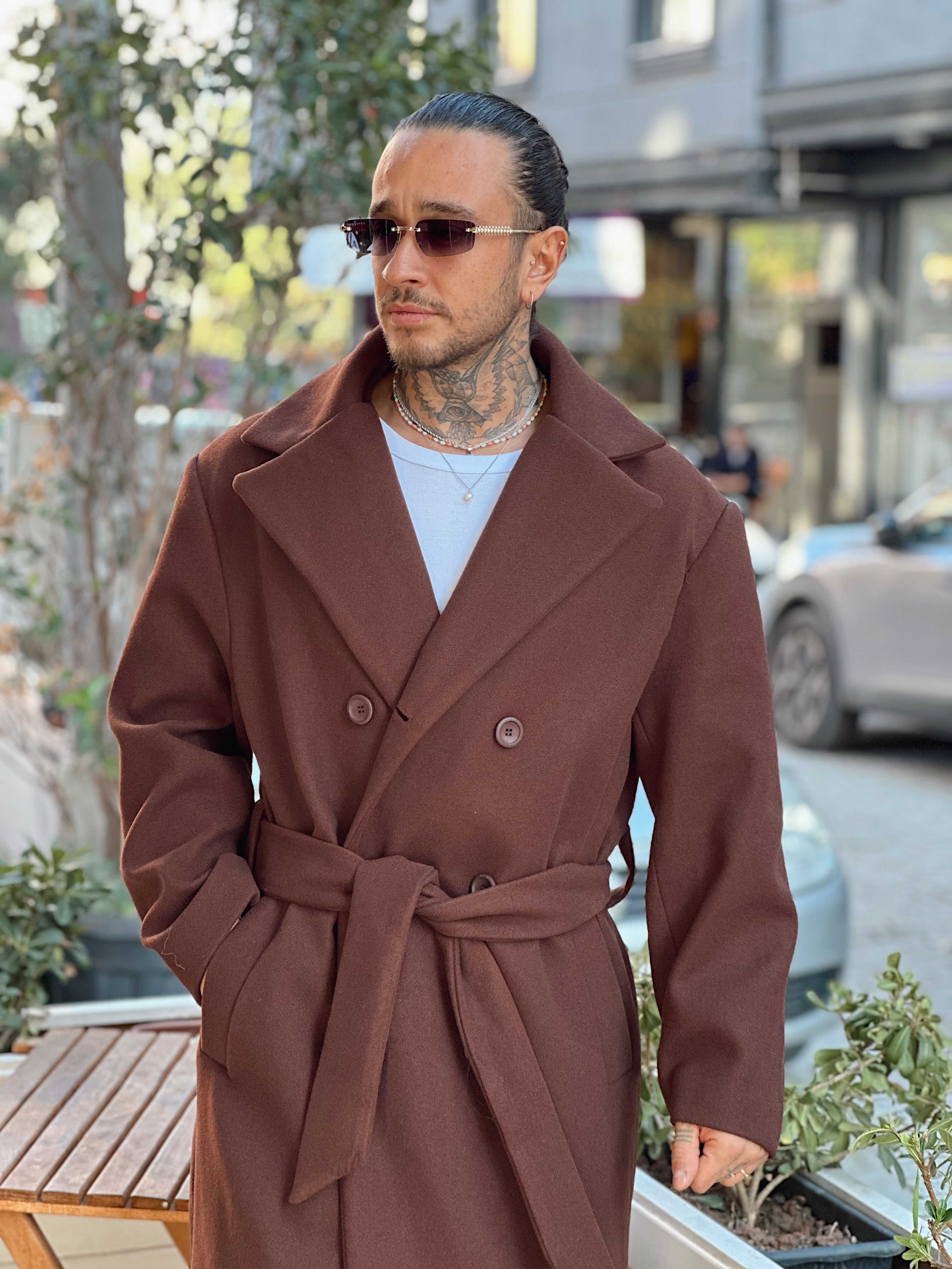 MM4044 - Giesto Oversize Kuşaklı Kaşe Kaban Kahve