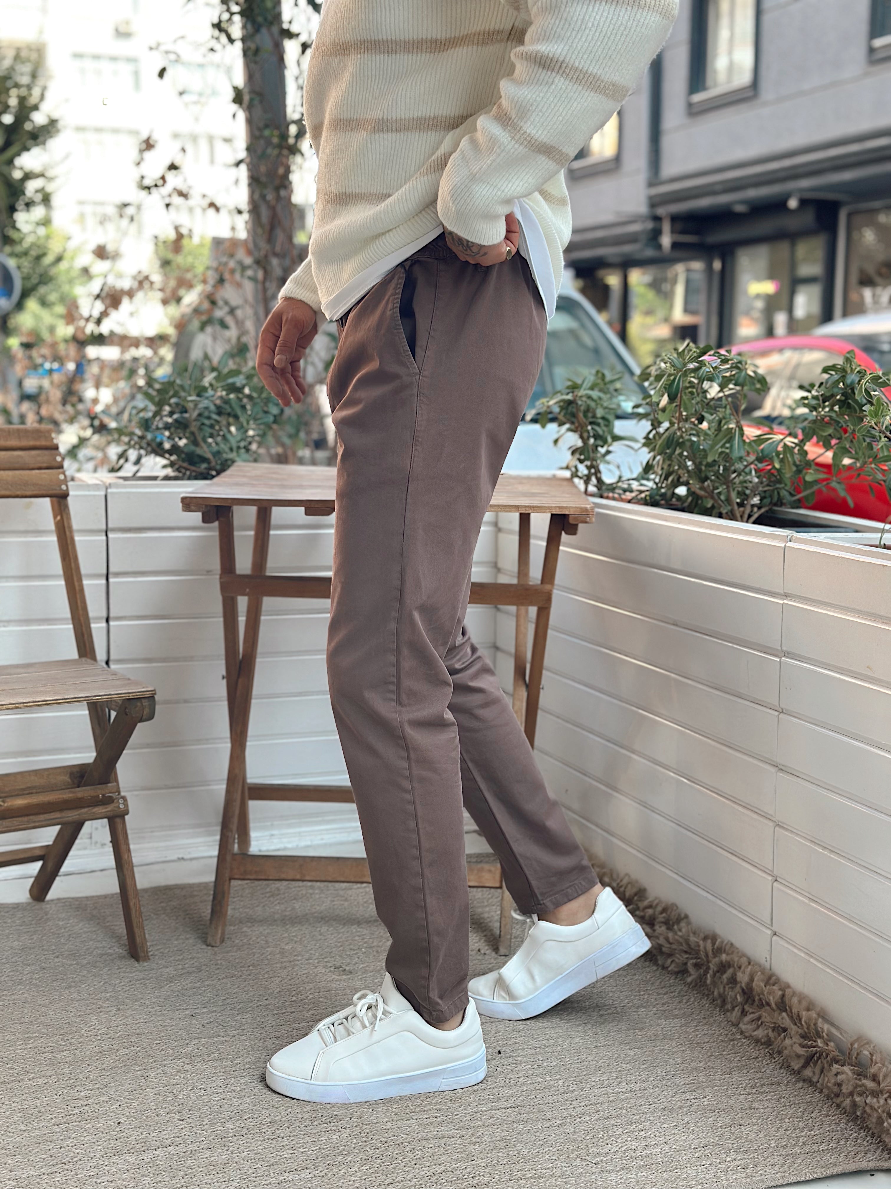 MP4048 - İtalyan Kesim Beli İpli Gabardin Pantolon Kahve