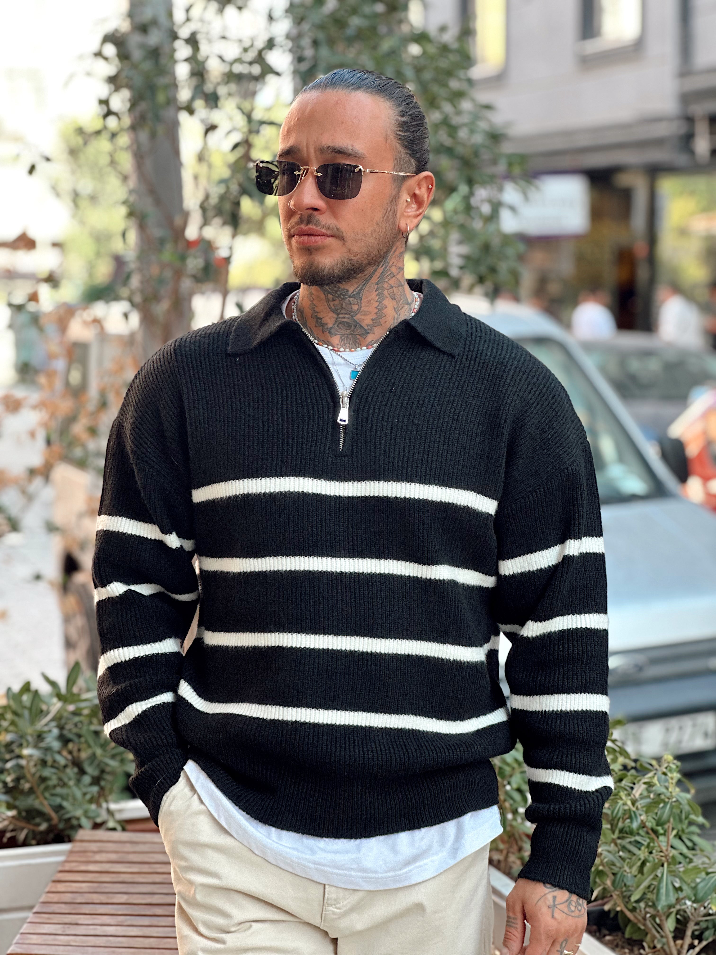 MS4052 - Çizgili Yakası Fermuarlı Polo Yaka Triko Siyah-Beyaz