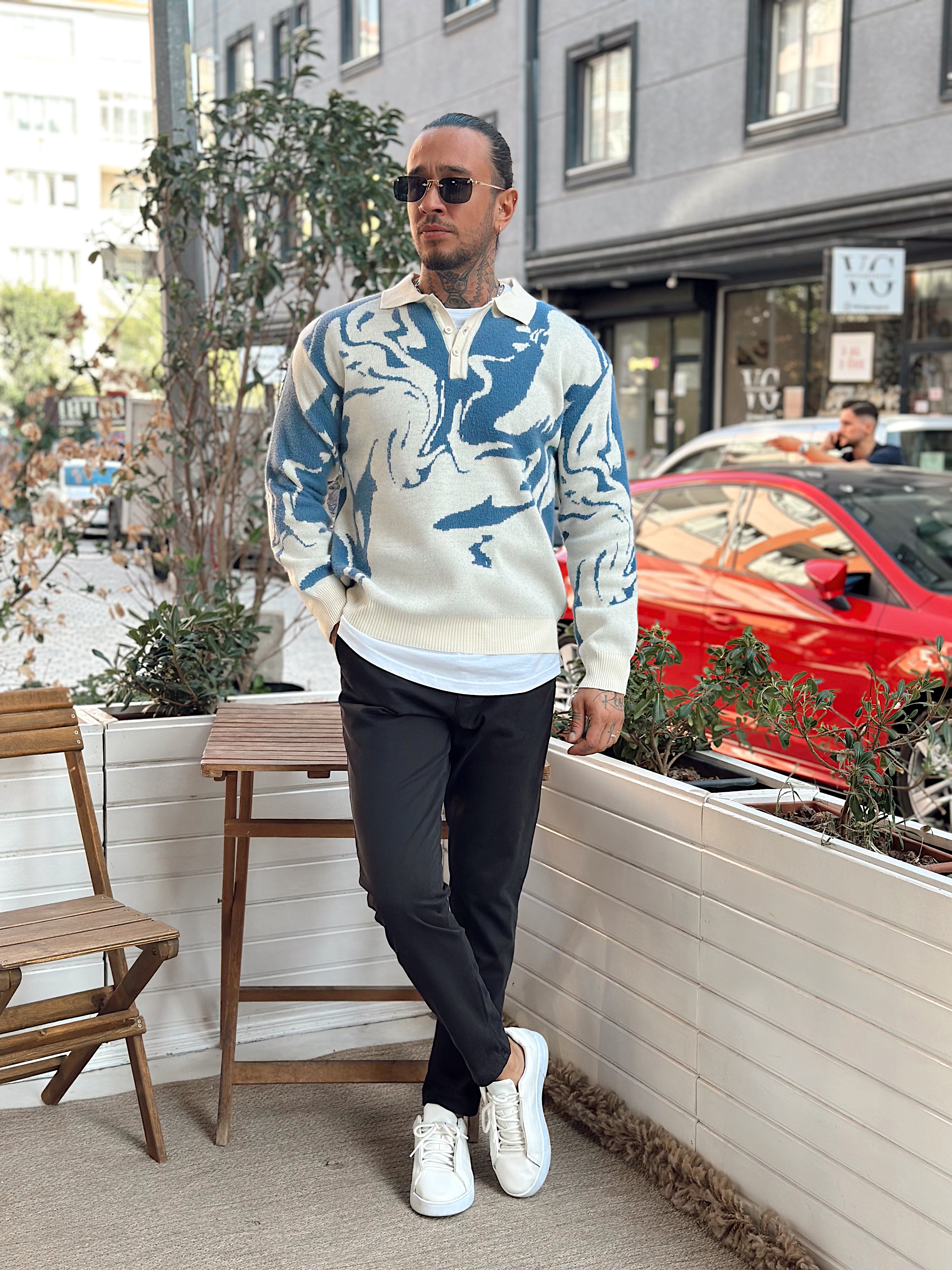 MS4054 - Karışık Desenli Triko Polo Yaka Sweatshirt Mavi