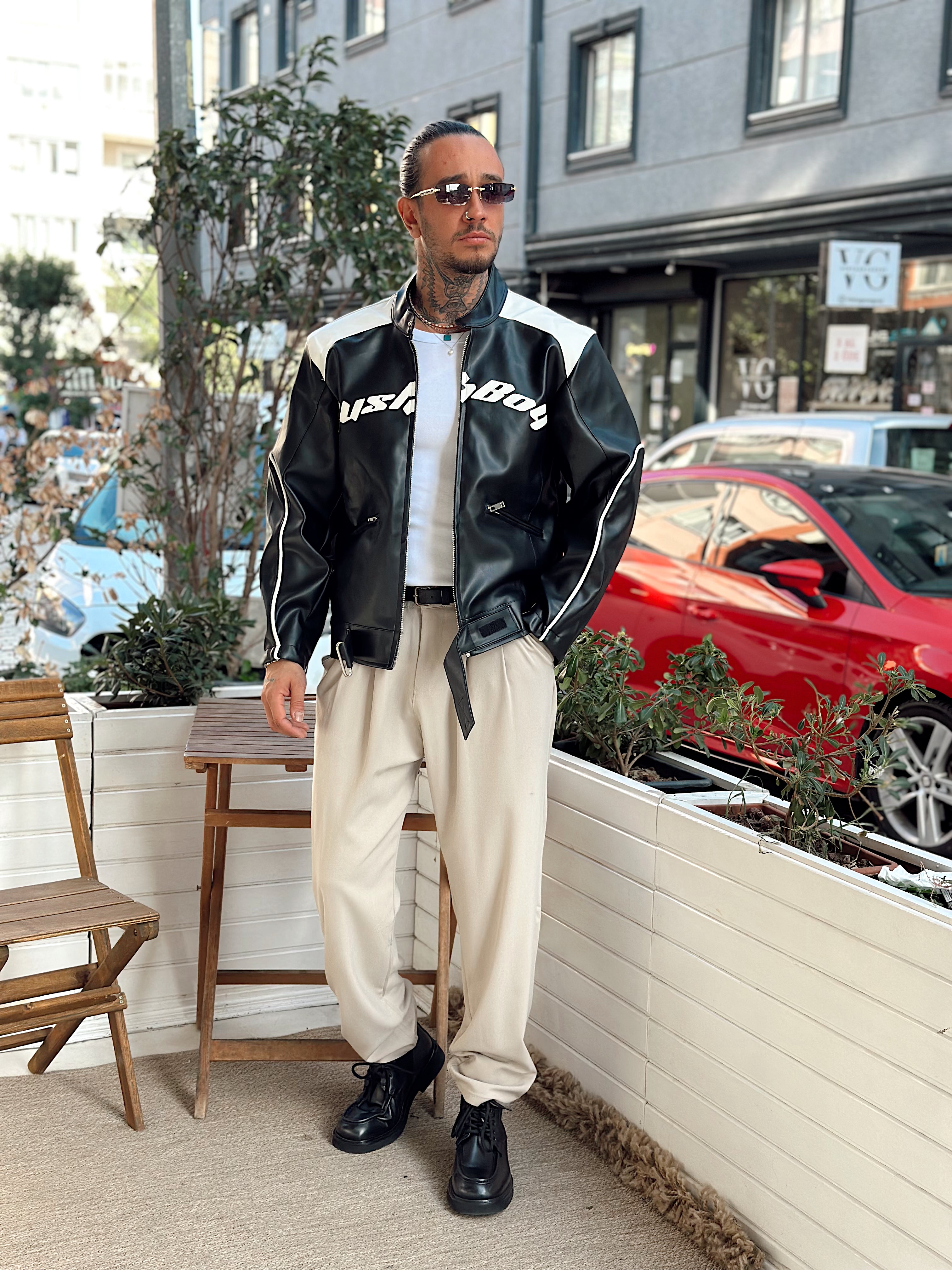 MC4055 - Önü Yazılı Kemer Detaylı Deri Ceket siyah