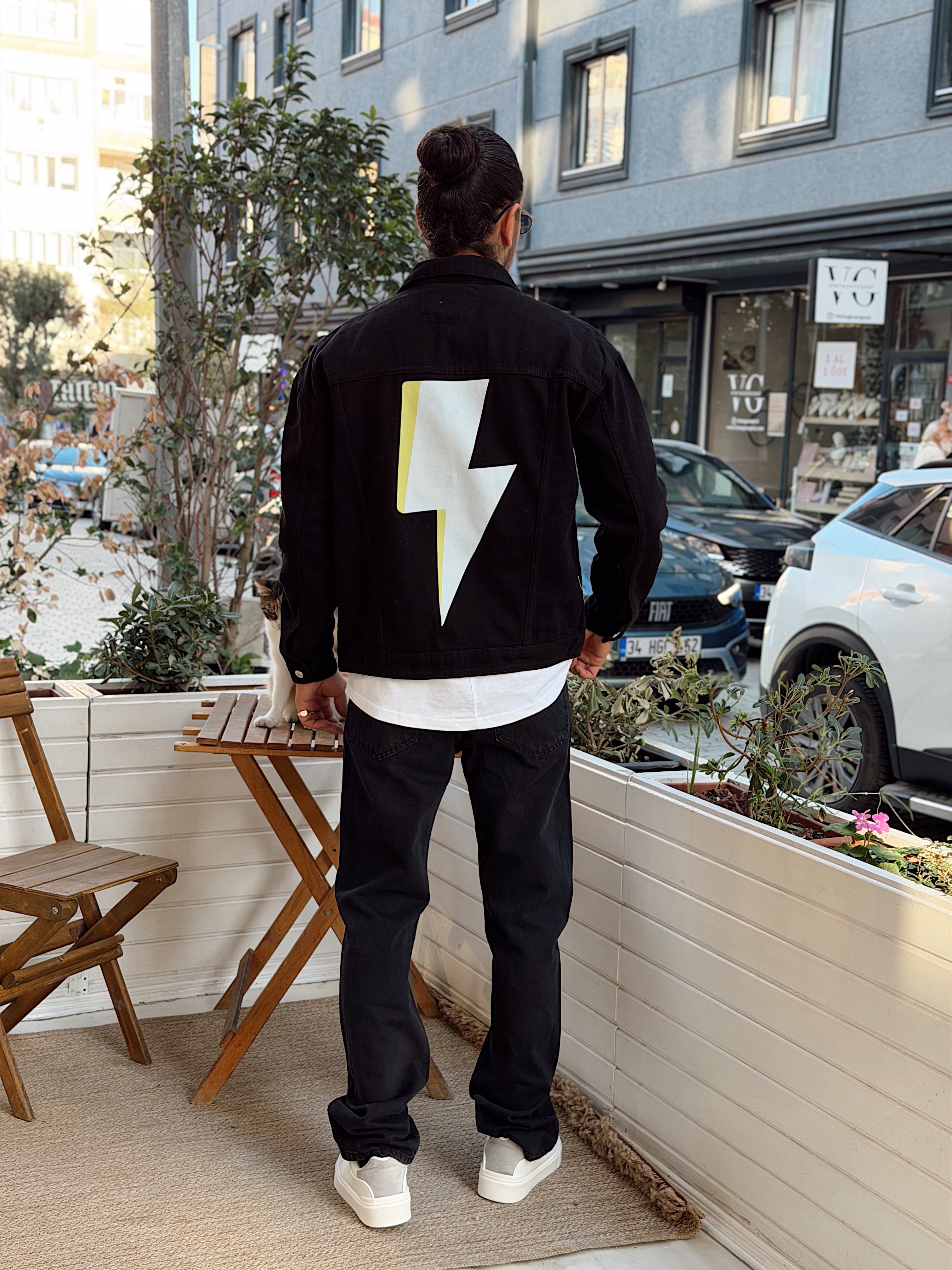 MC4100 - Sırt Şimşek Baskılı Regular Ceket siyah