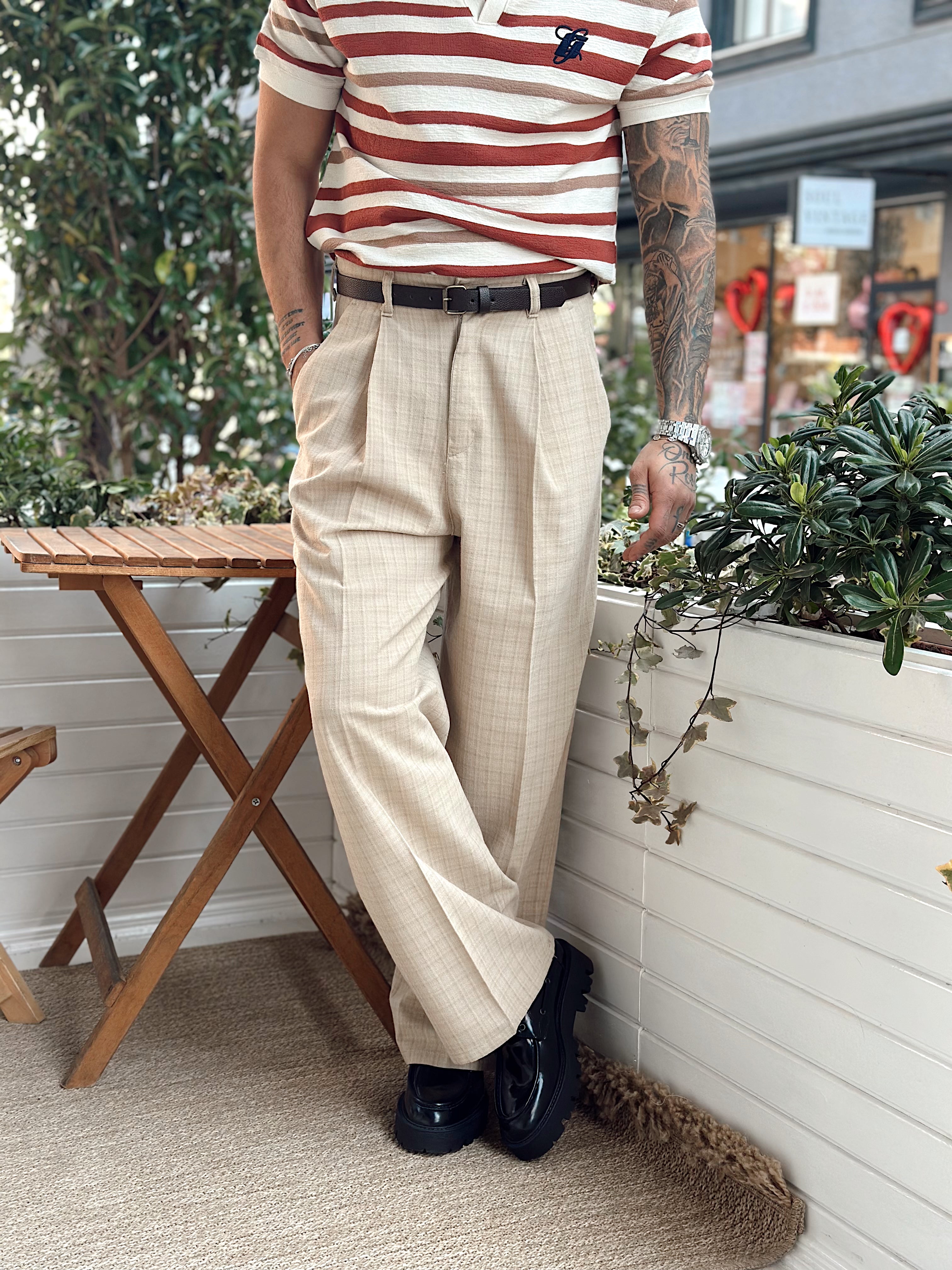 MP2513 - OldMoney Kareli keten Baggy Pantolon bej