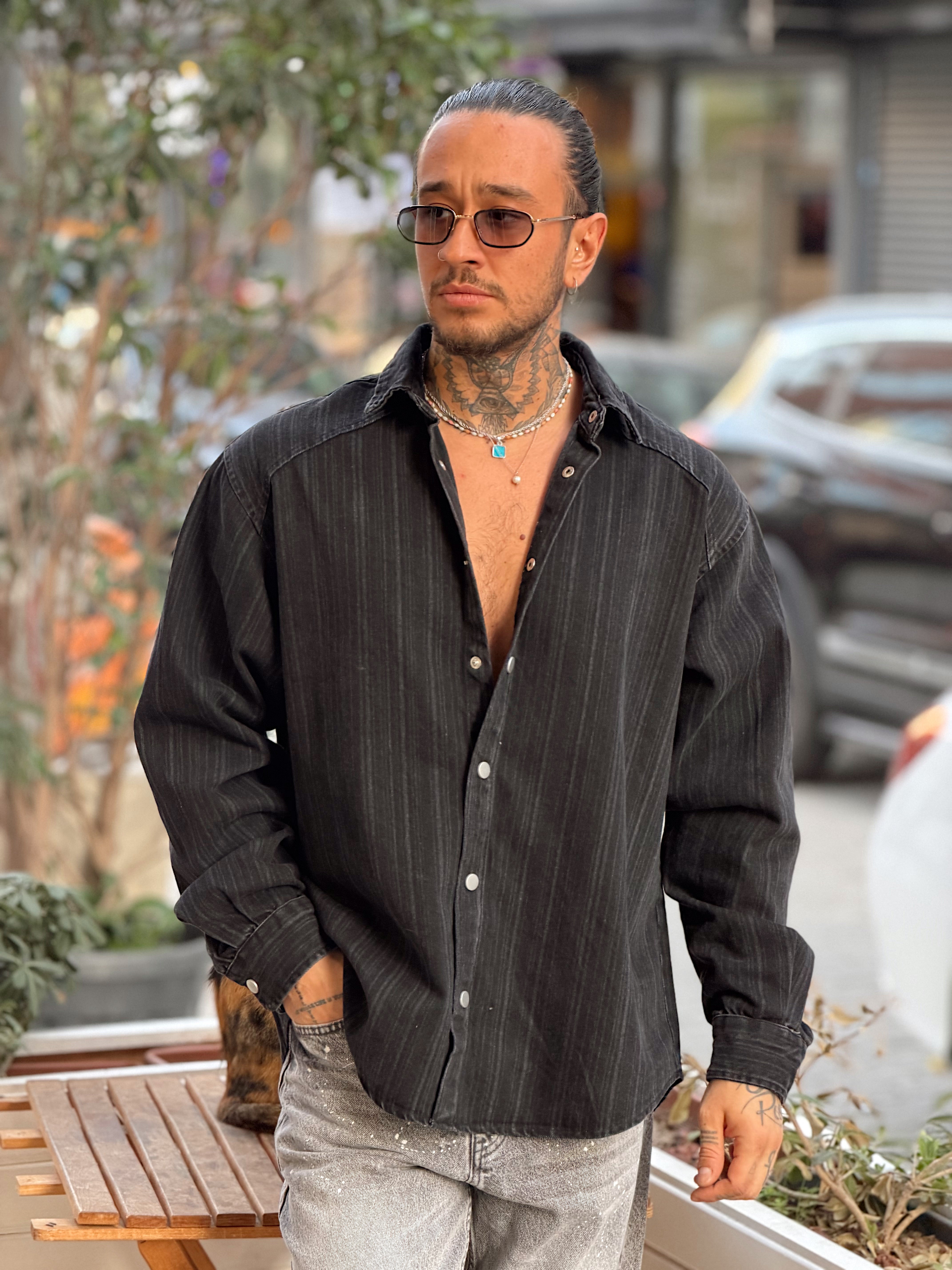 MG4130 - Eskitmeli Oversize Kot Gömlek siyah