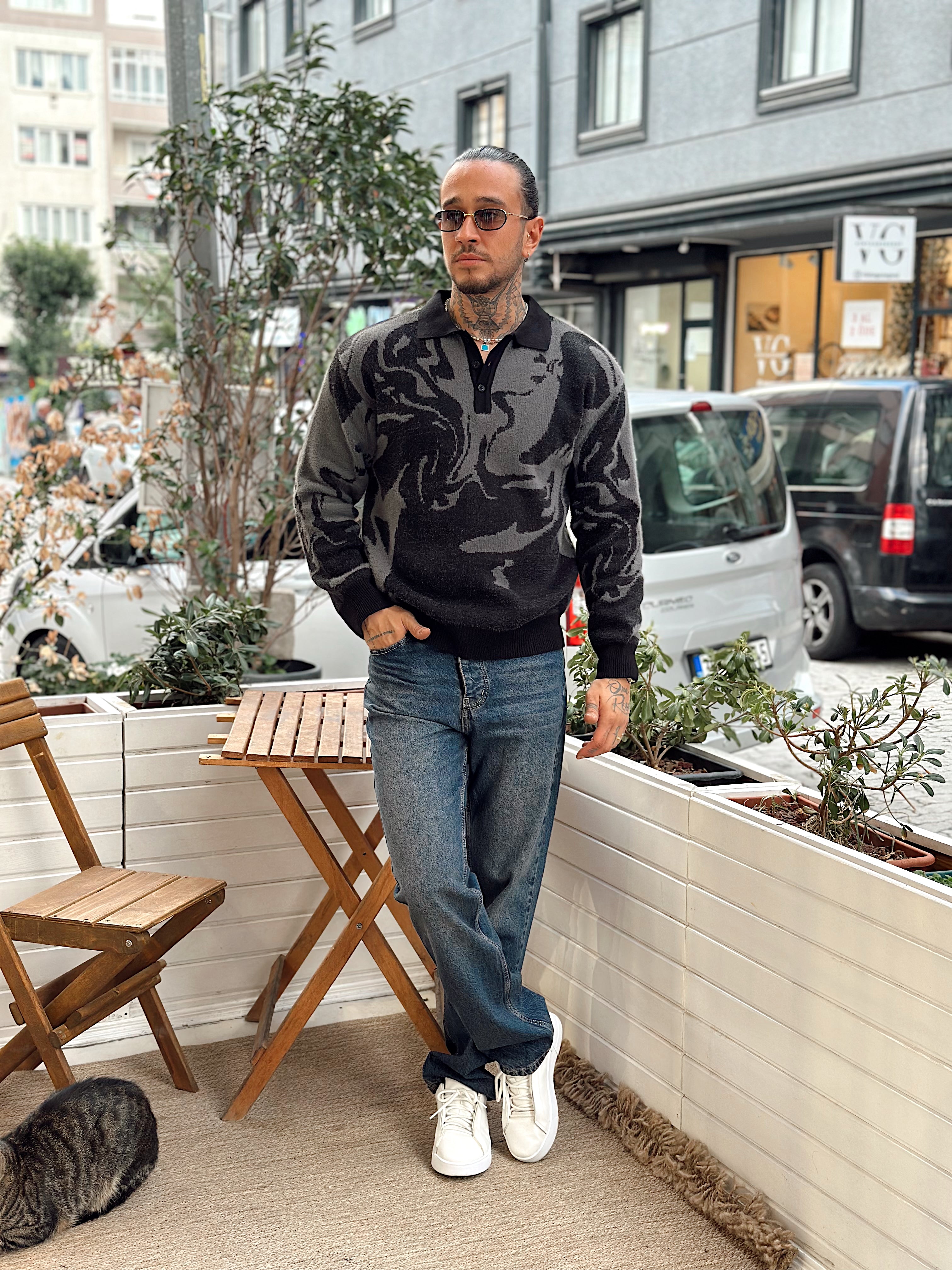 MS4054 - Karışık Desenli Triko Polo Yaka Sweatshirt siyah