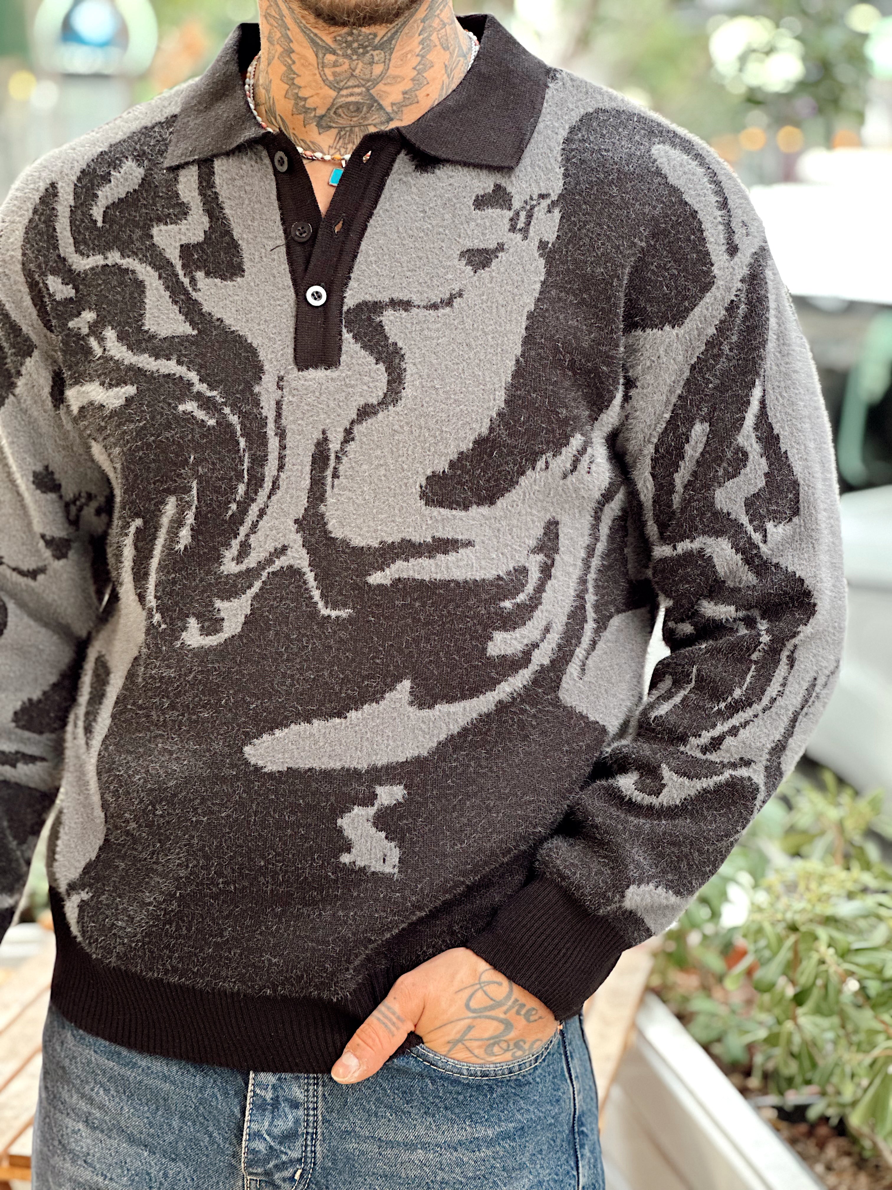 MS4054 - Karışık Desenli Triko Polo Yaka Sweatshirt siyah