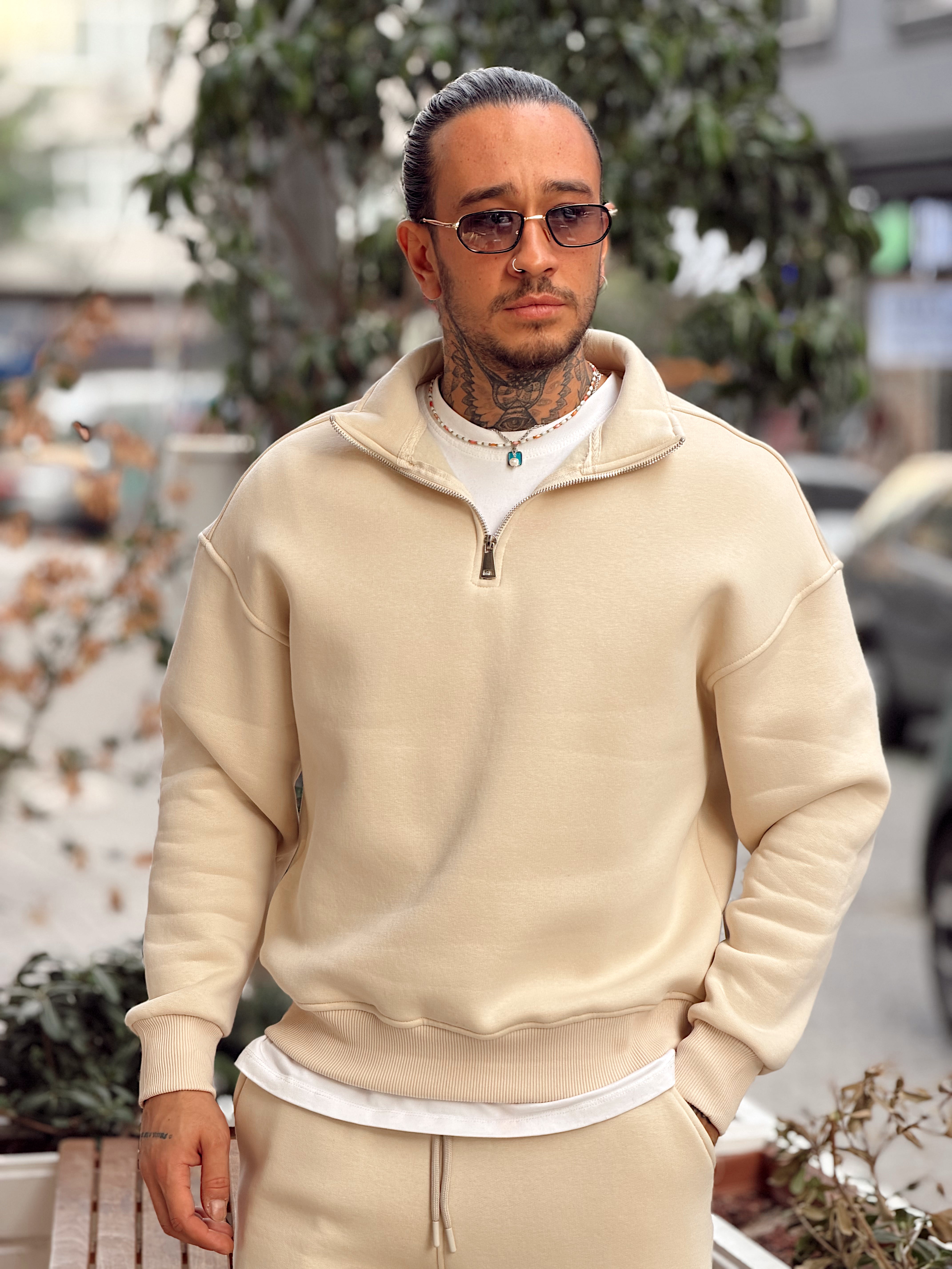 MT4120 - Şardonlu Yakası Fermuarlı Alt Üst Takım krem