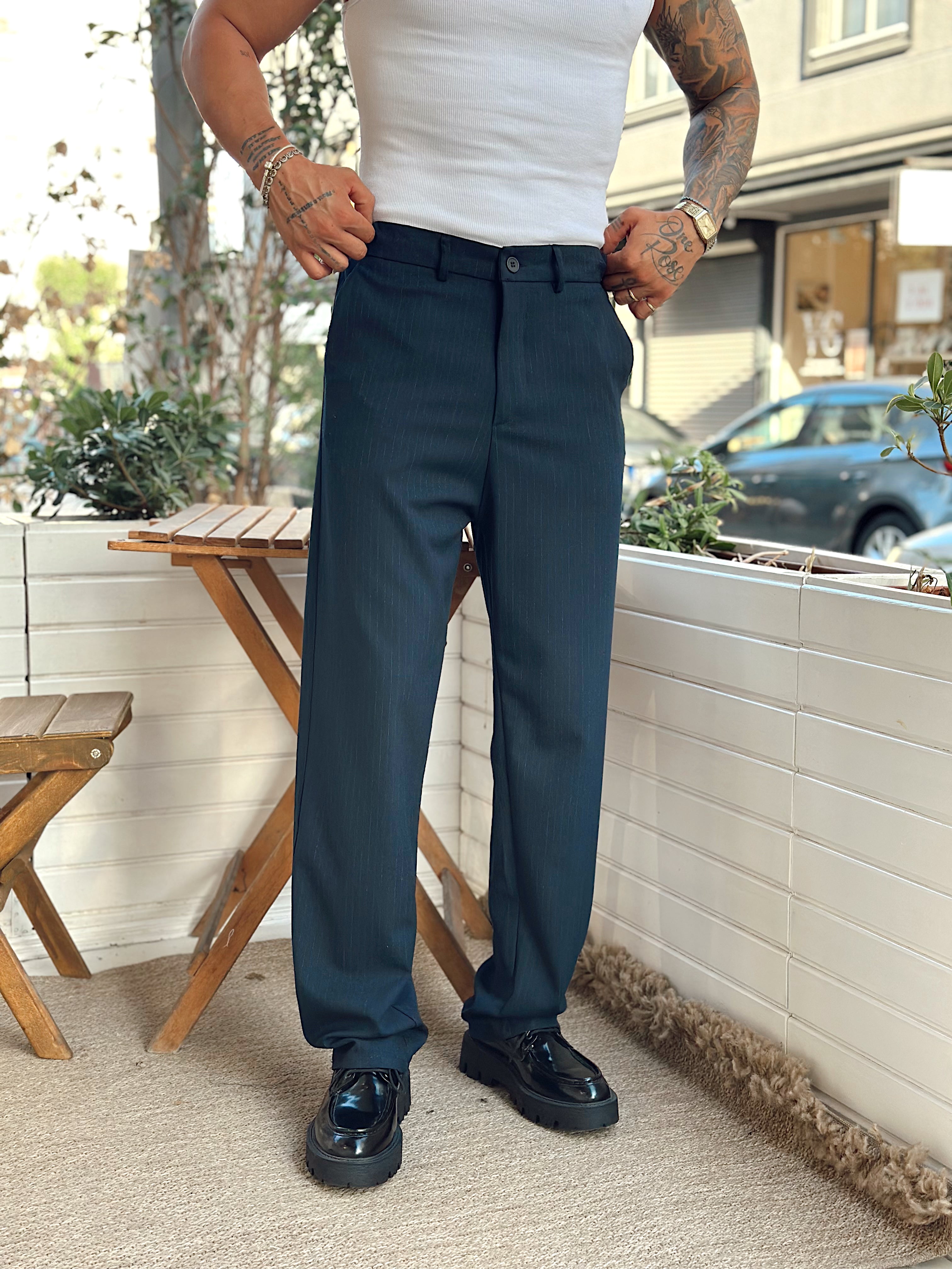MP3207 - Çizgili Baggy Kumaş Pantolon Laci