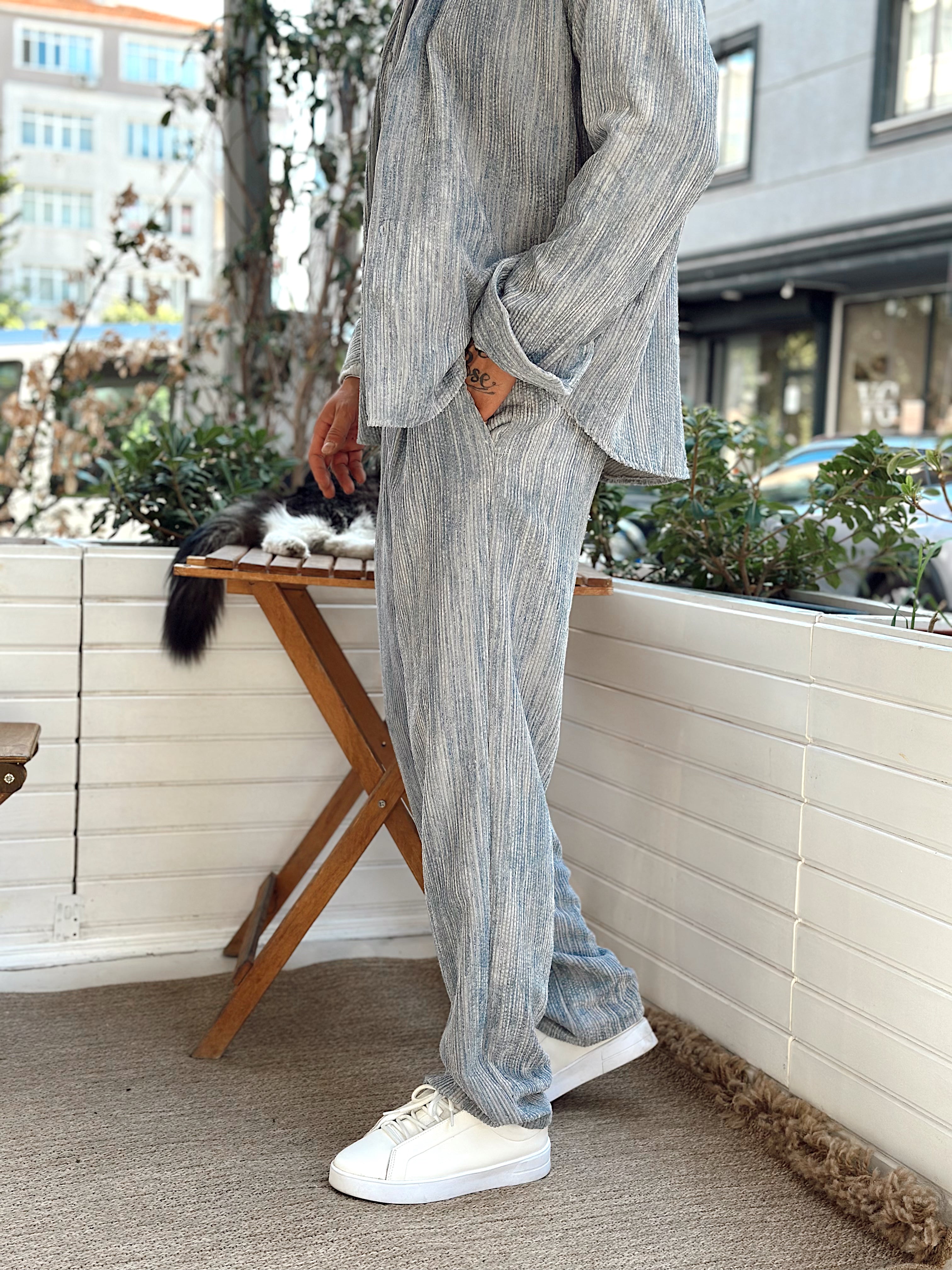 MT4010 - Efektli Oversize Kadife Alt-Üst Takım gri-mavi