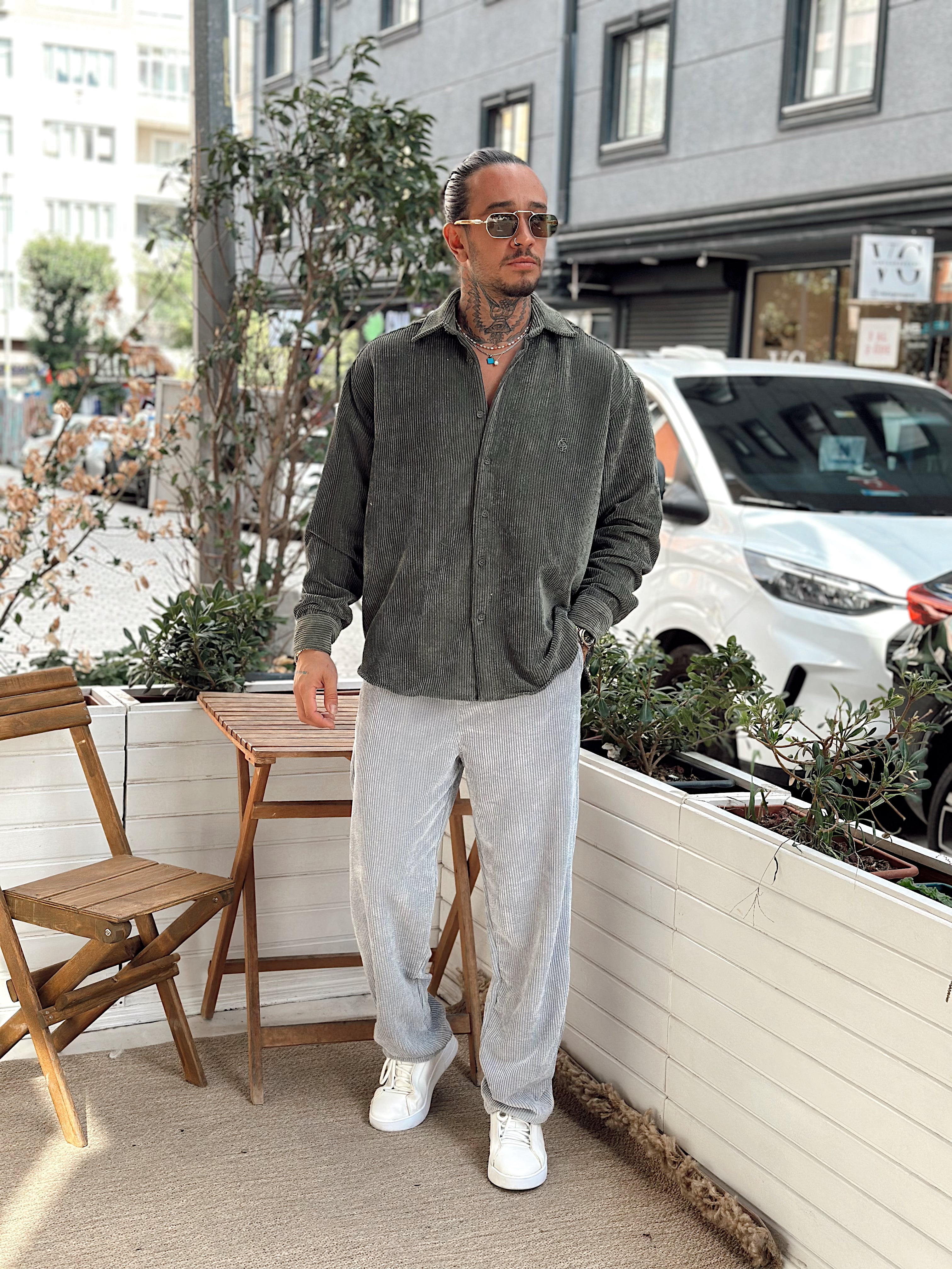 MG4003 - Oversize Basic Kadife Gömlek Haki