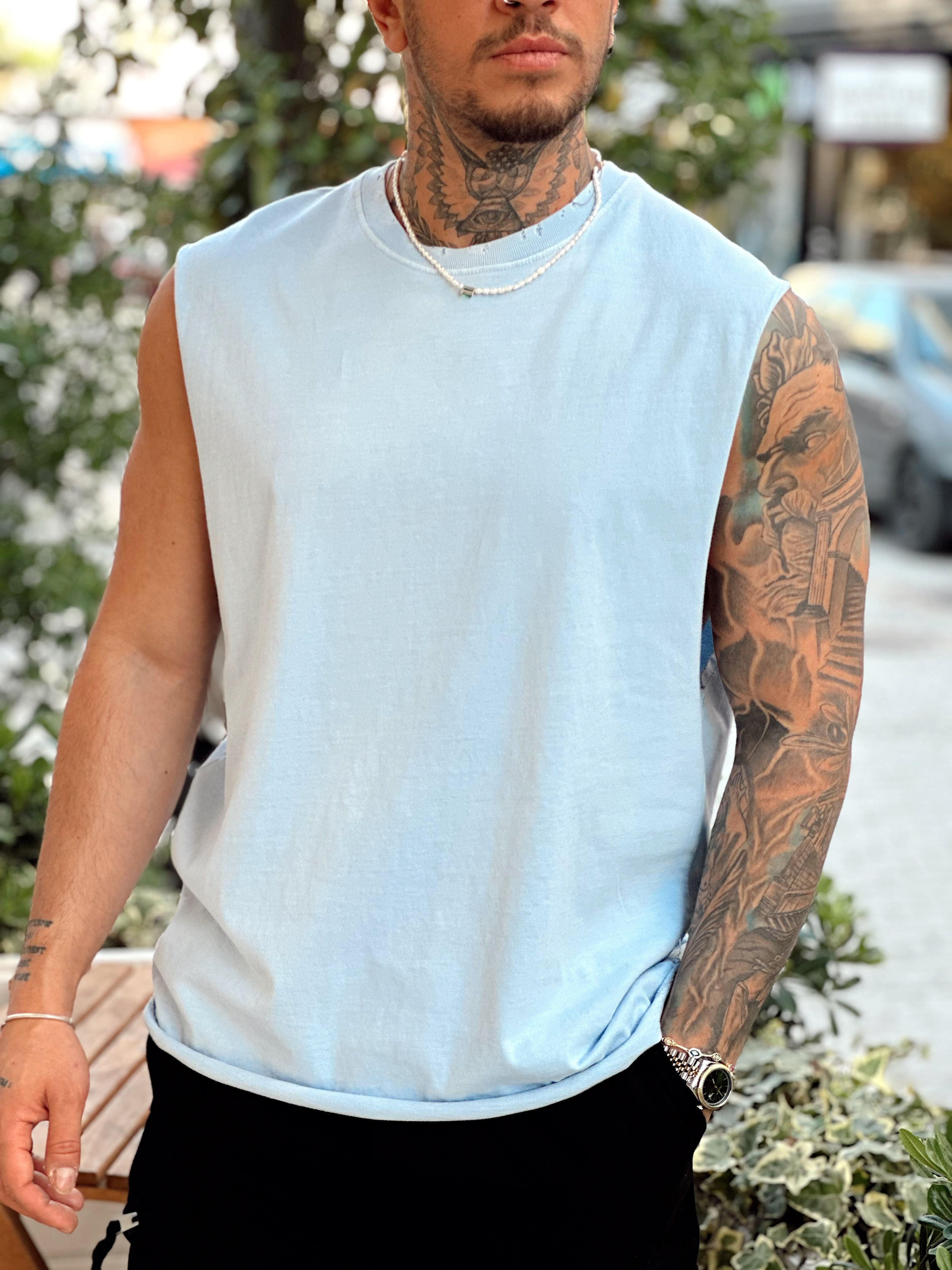 MT2665- Fırçalı Kumaş Kolsuz T-Shirt mavi