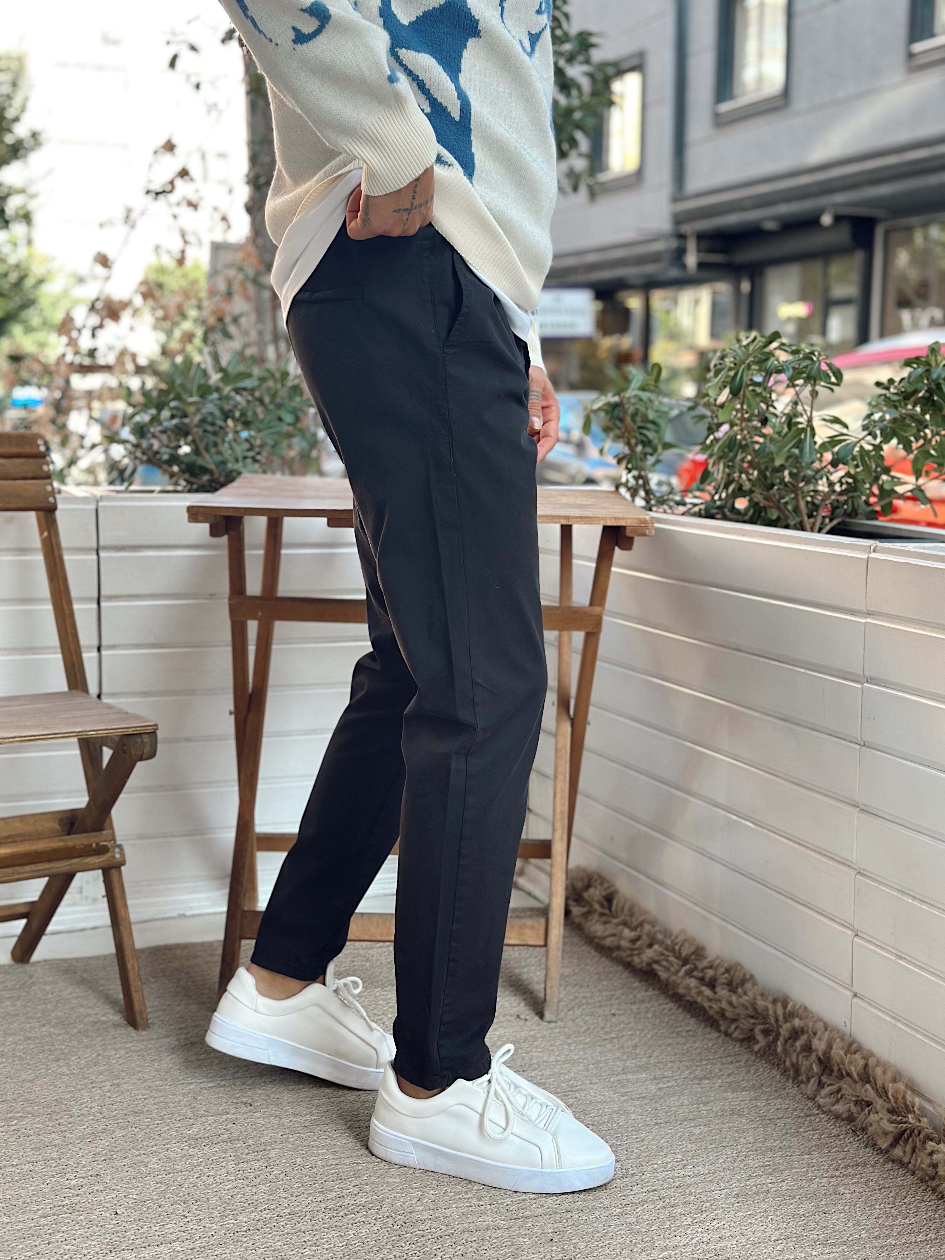 MP4048 - İtalyan Kesim Beli İpli Gabardin Pantolon Siyah