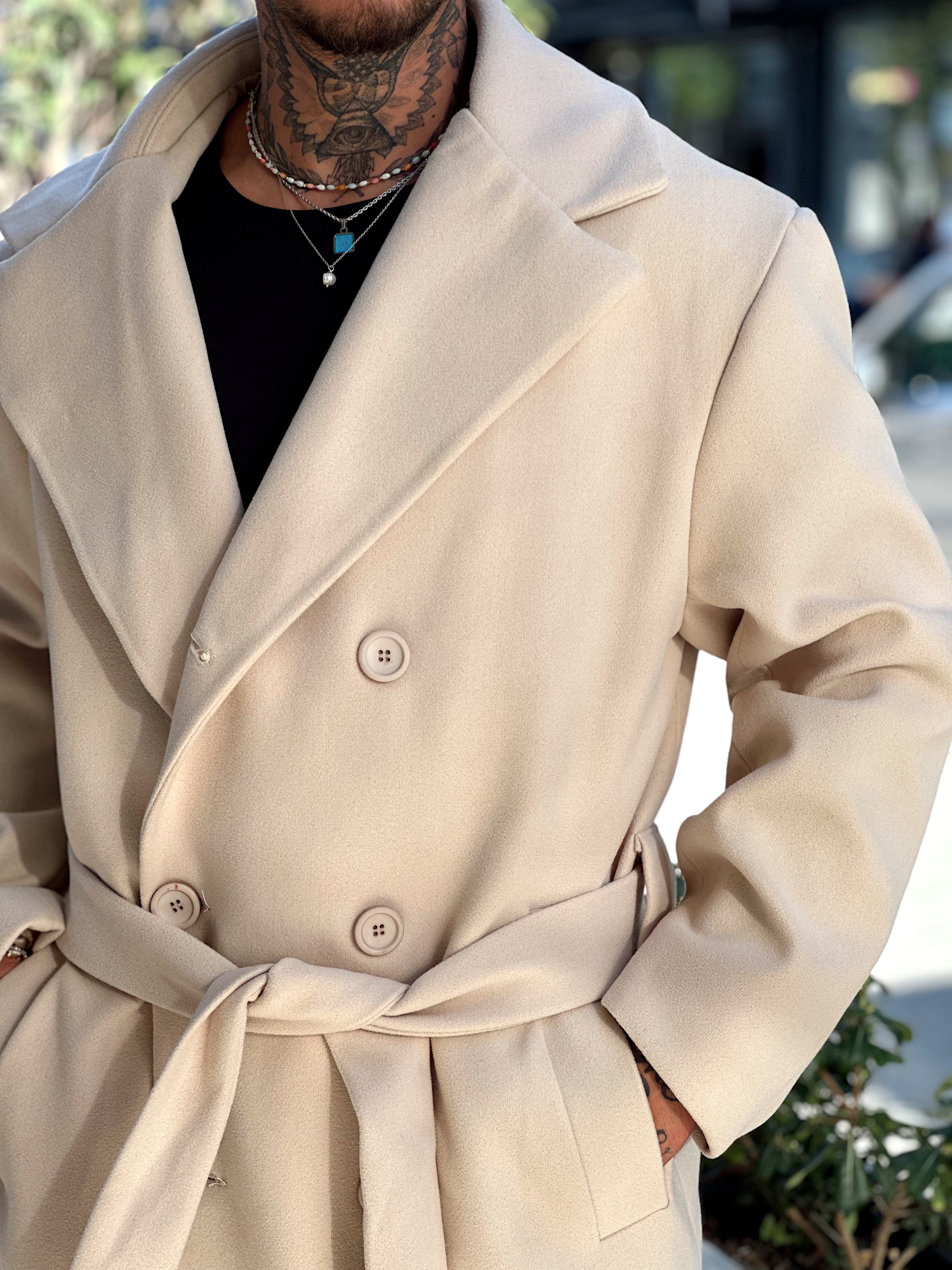 MM4044 - Giesto Oversize Kuşaklı Kaşe Kaban krem