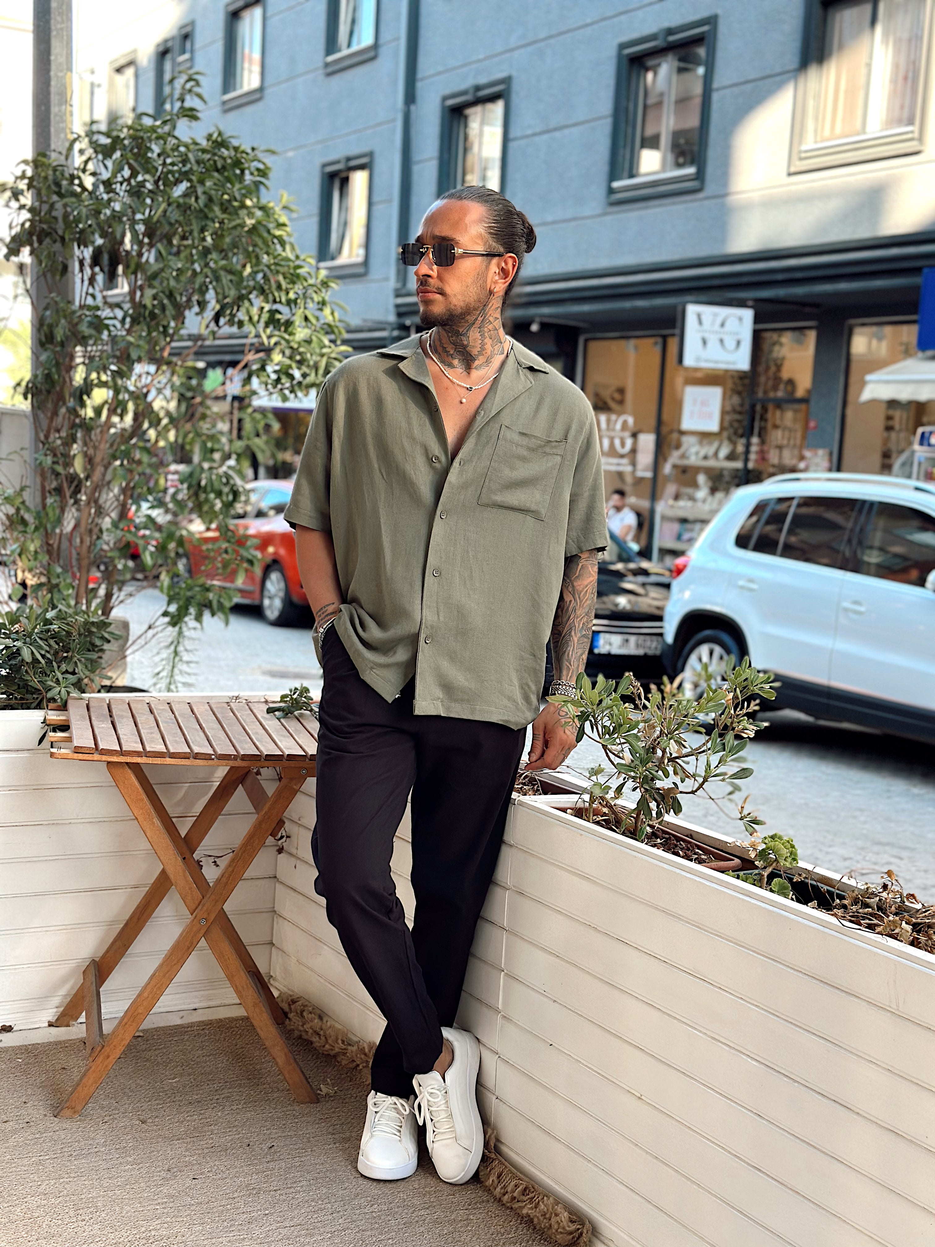 MG3078 -Tek Cepli Kısa Kollu Oversize Keten Gömlek yeşil