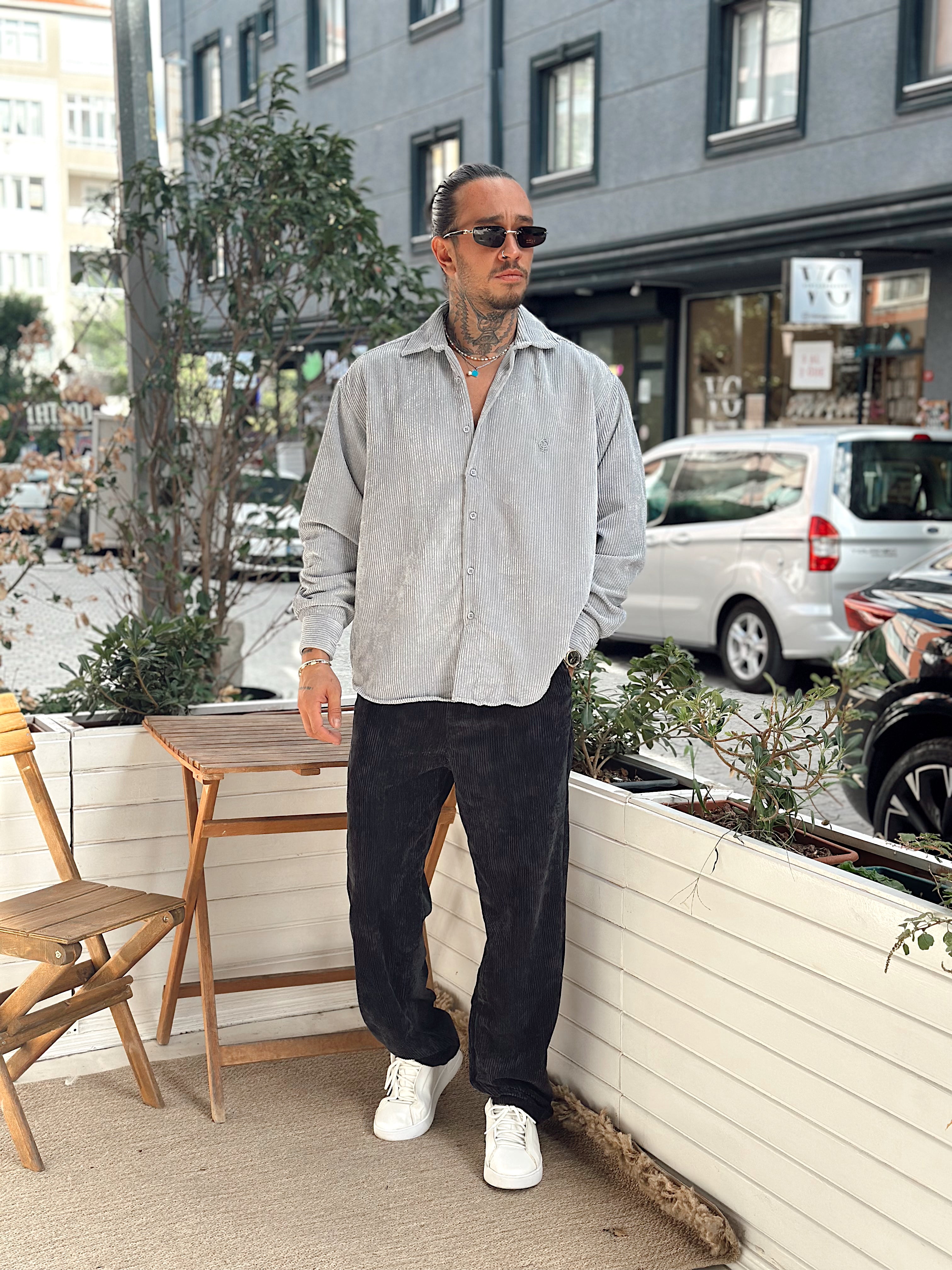 MG4003 - Oversize Basic Kadife Gömlek gri