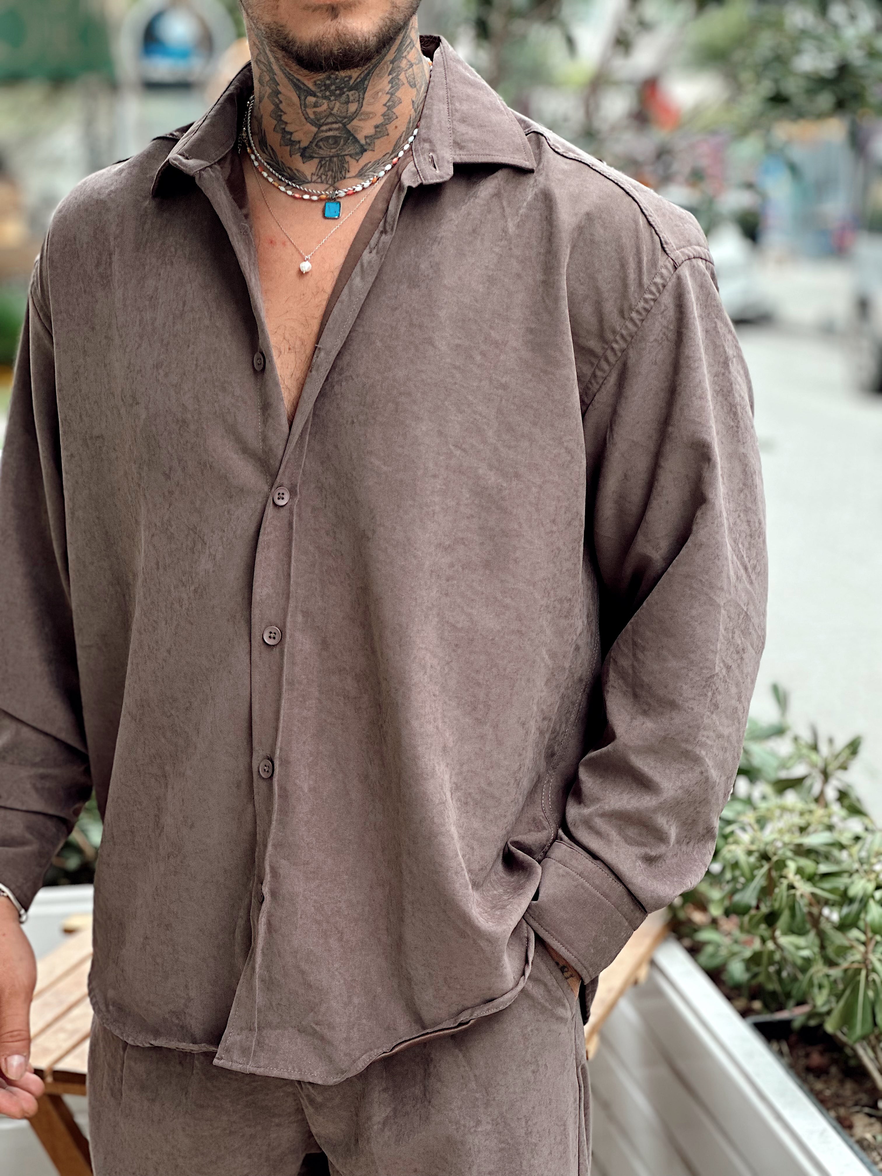 MT4046 - Modal Kumaş Gömlek-Pantolon Takım kahve