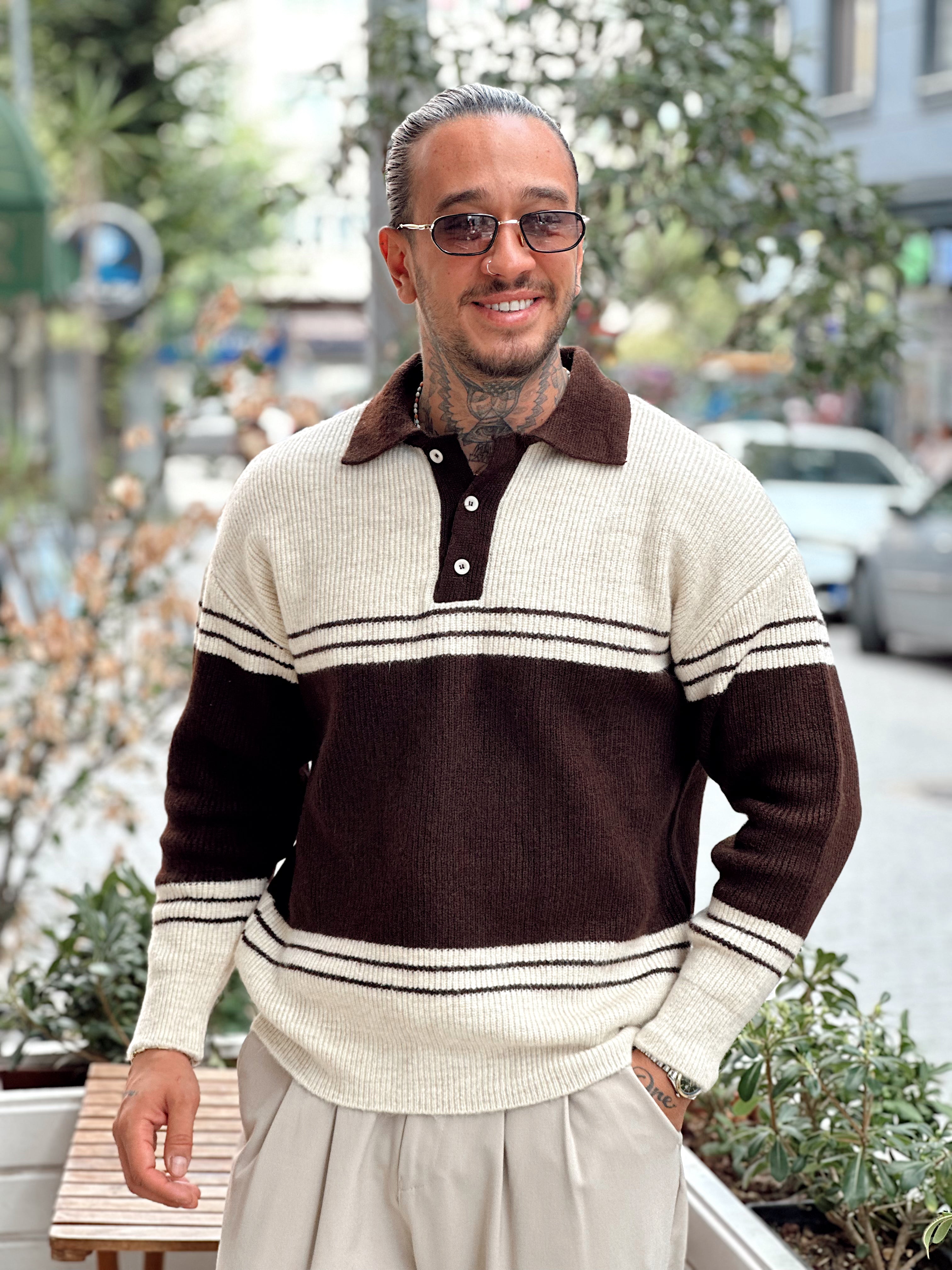 MS4037 - Çift Renk Vanc Triko Polo Yaka kahve