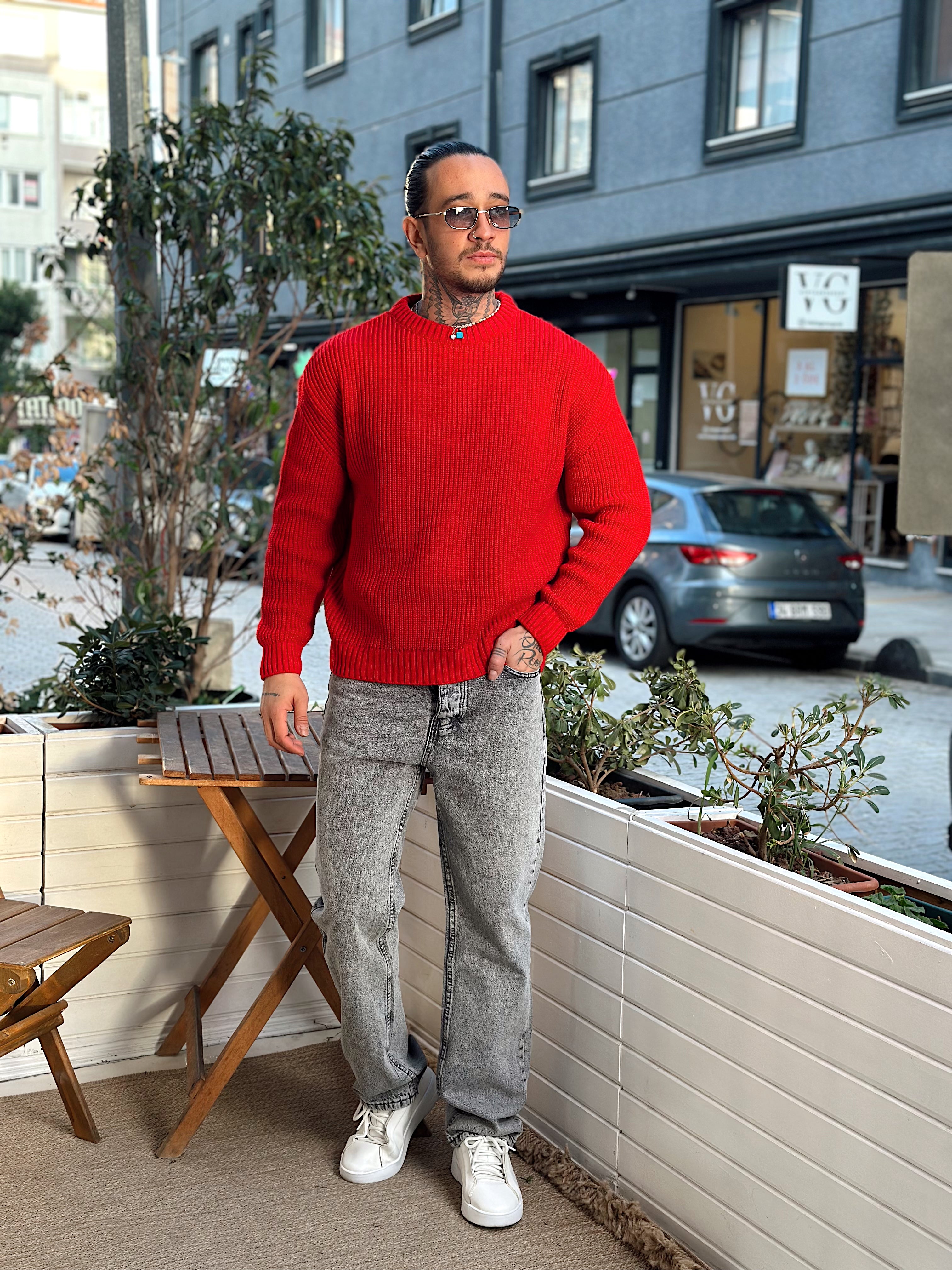 MS4060 - Giesto Oversize Basic Örme Sweatshirt kırmızı