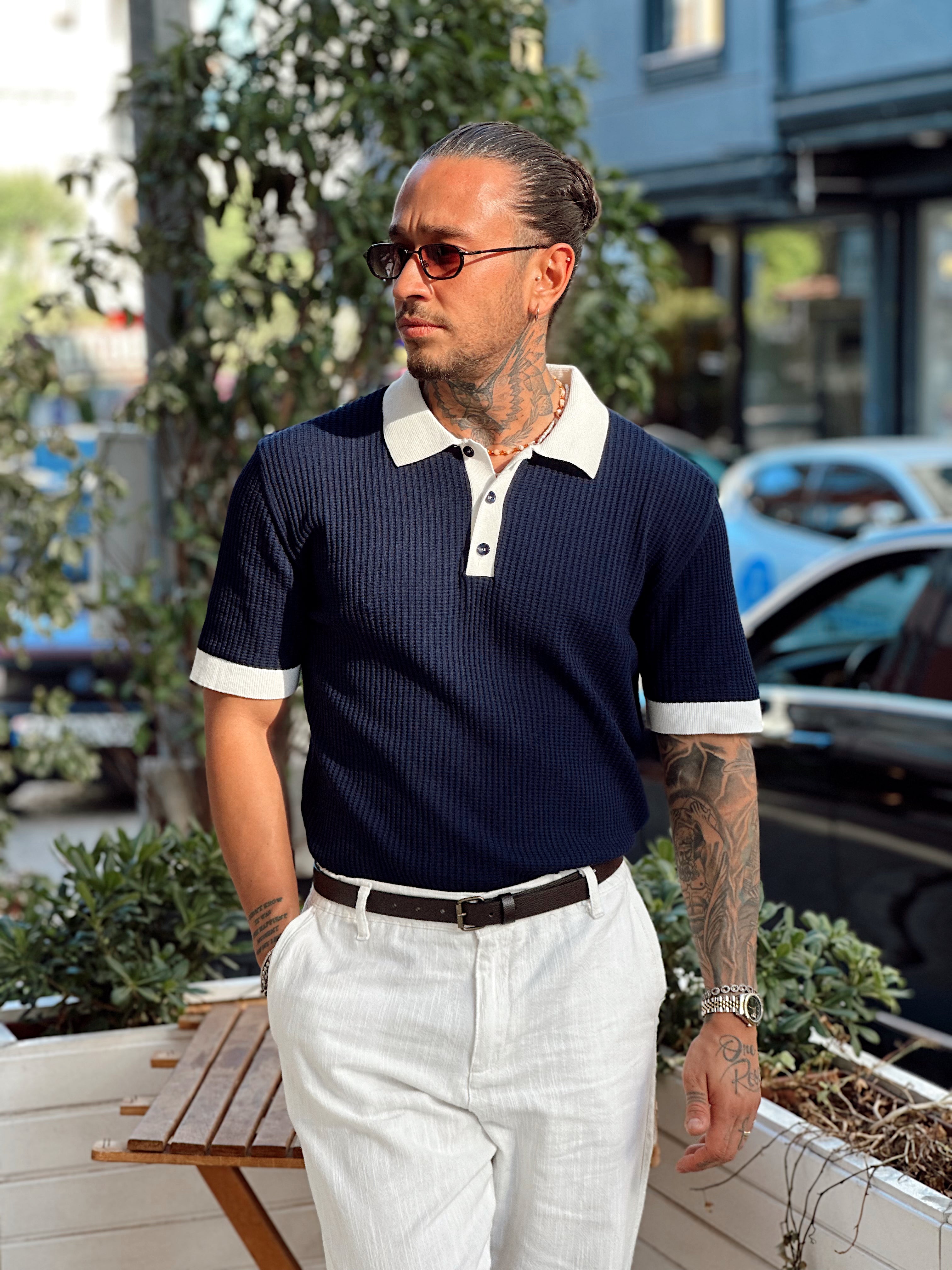 MT3029 - Çift Renk Örme Polo Yaka Triko laci