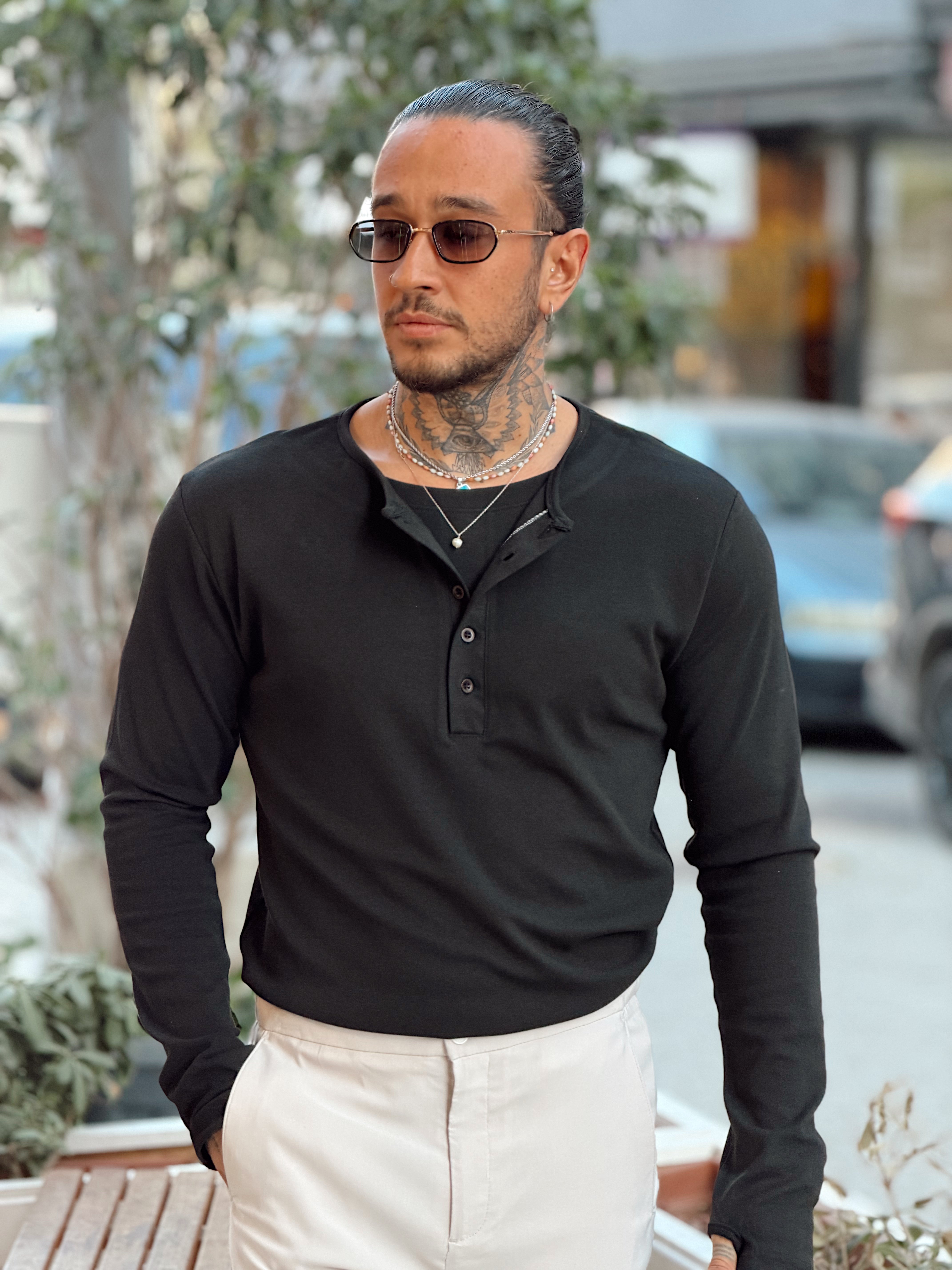 MS4134 - Çift Katmanlı Yakası Düğmeli Sweatshirt siyah