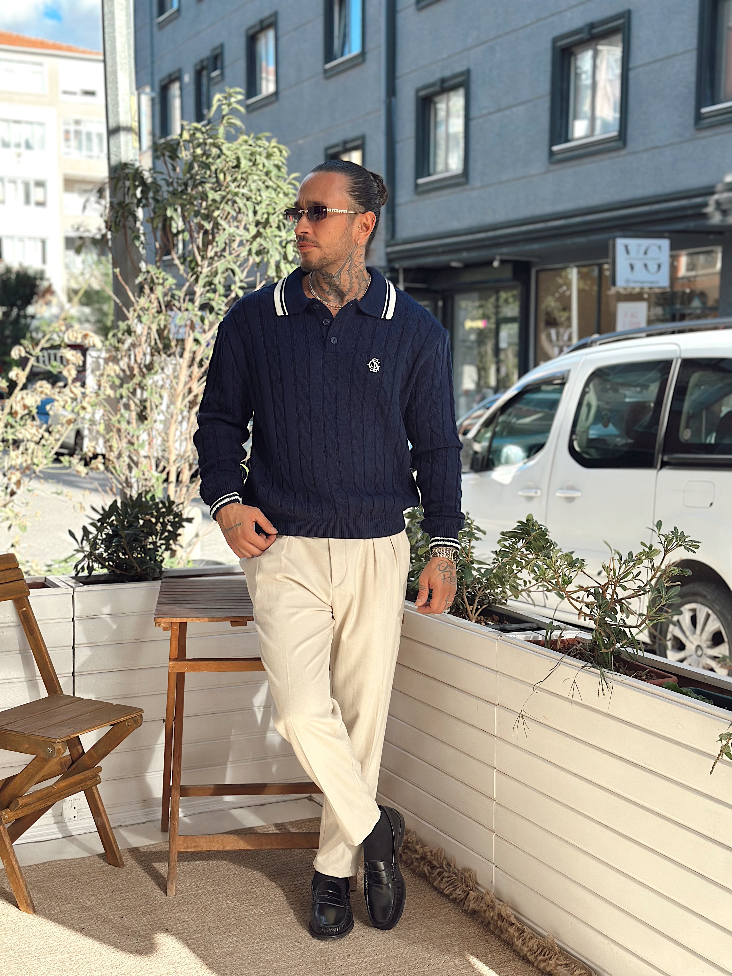 MS4028 - Saç Örgü Şerit Detaylı Örme Polo Yaka Sweatshirt Laci