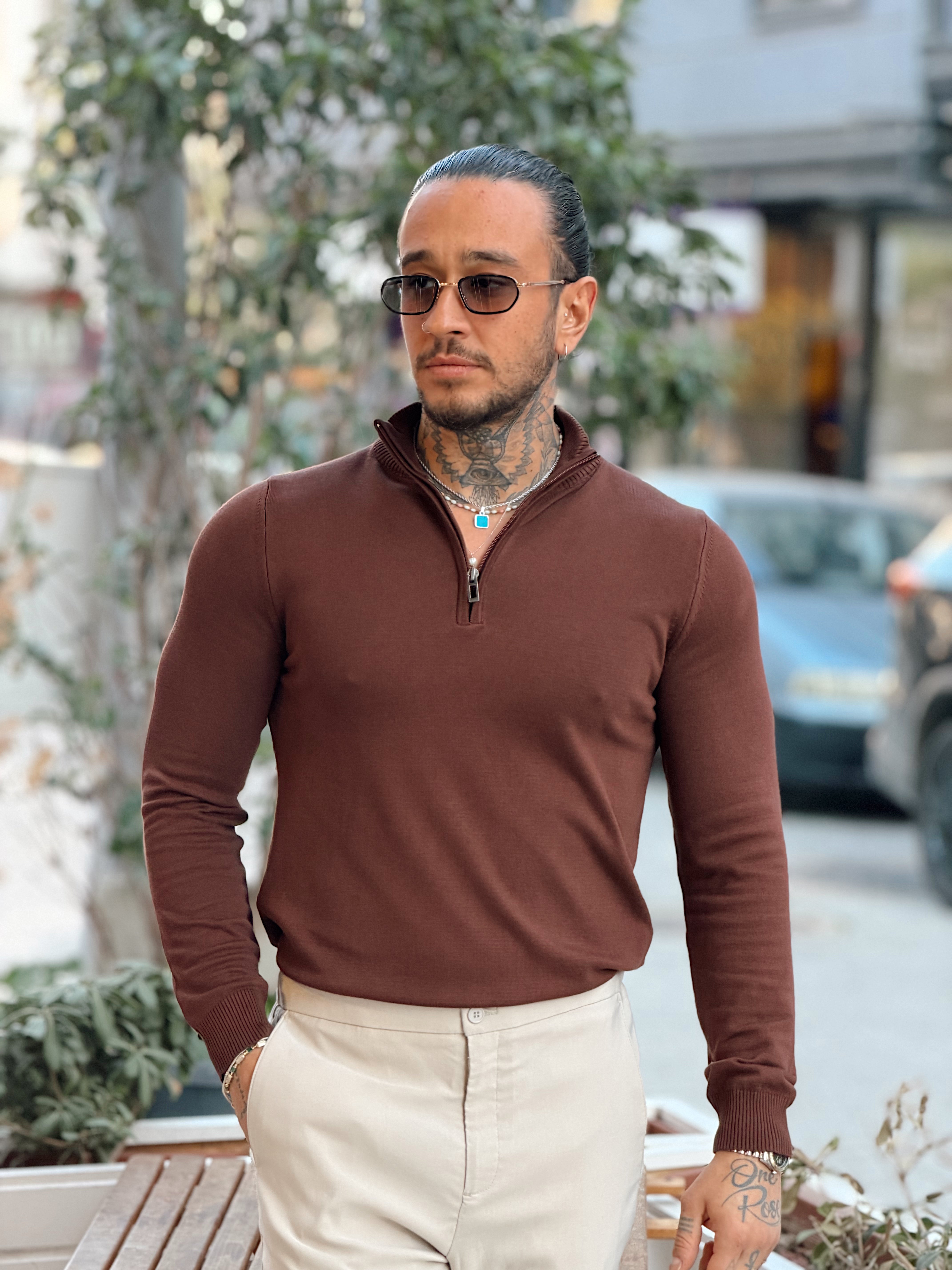 MS4132 - Balıkçı Yaka Fermuarlı Sweatshirt kahve