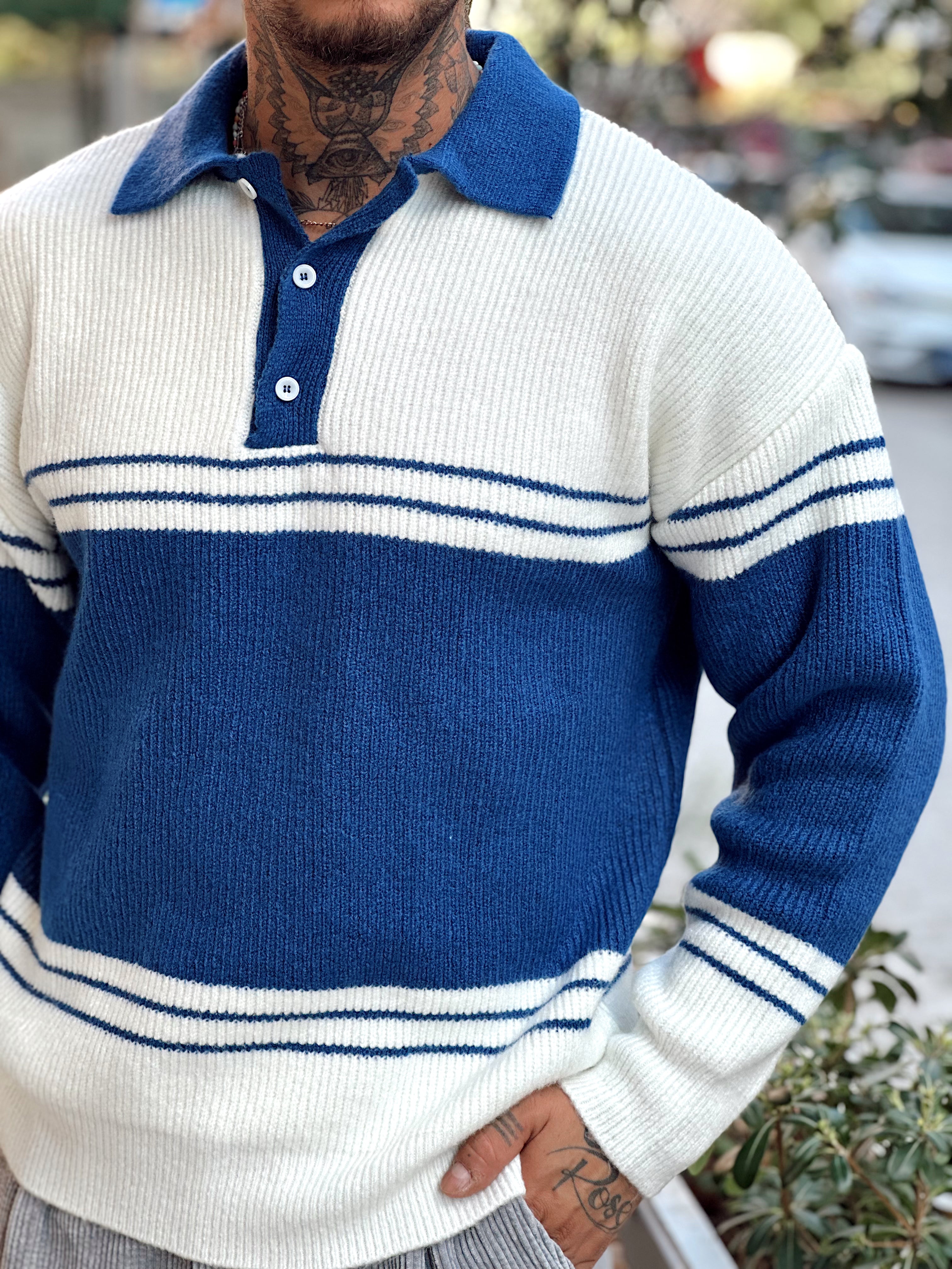 MS4037 - Çift Renk Vanc Triko Polo Yaka mavi