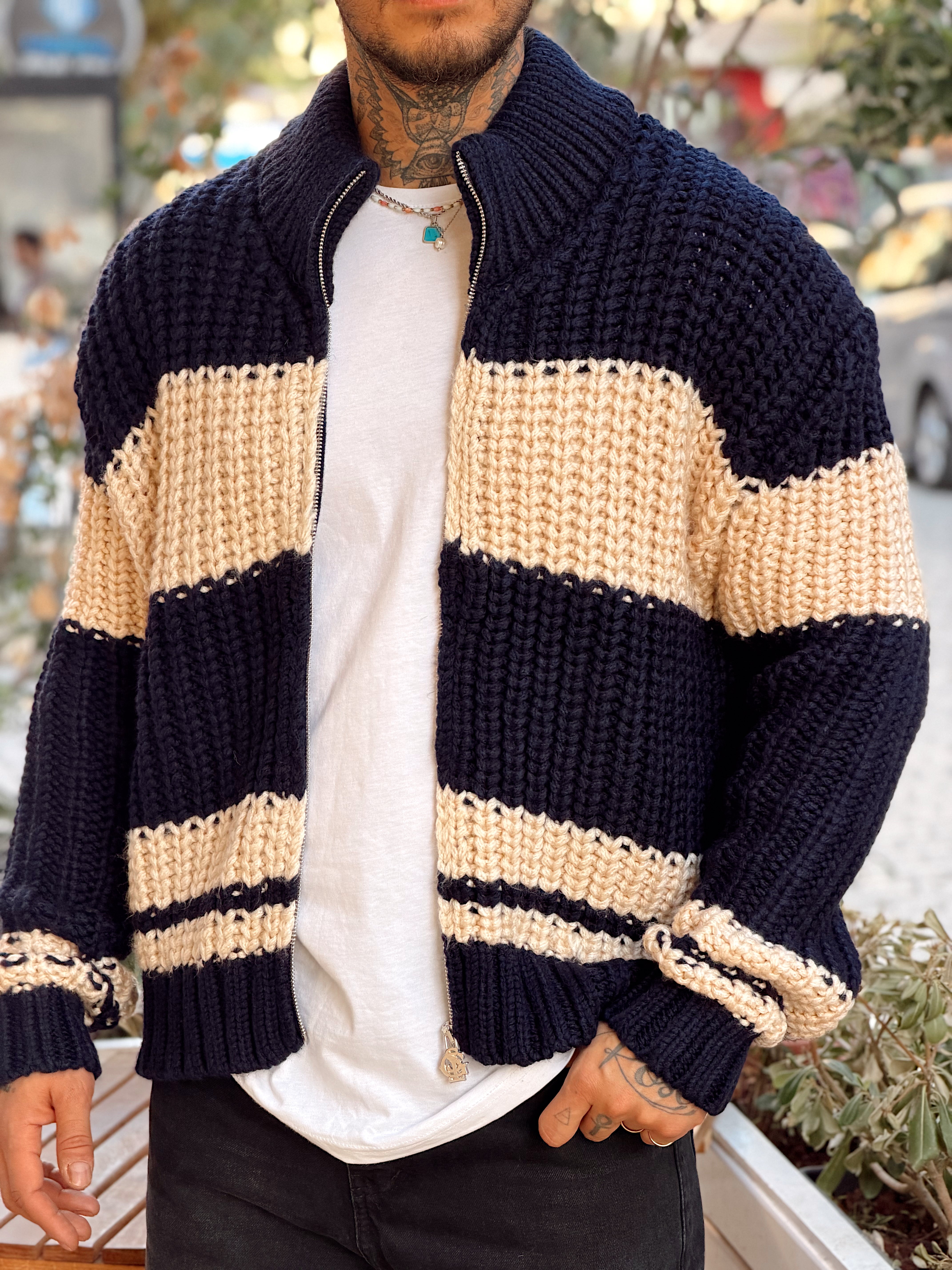 MS4092 - Çift Renk Çelik Örme Fermuarlı Hırka Laci