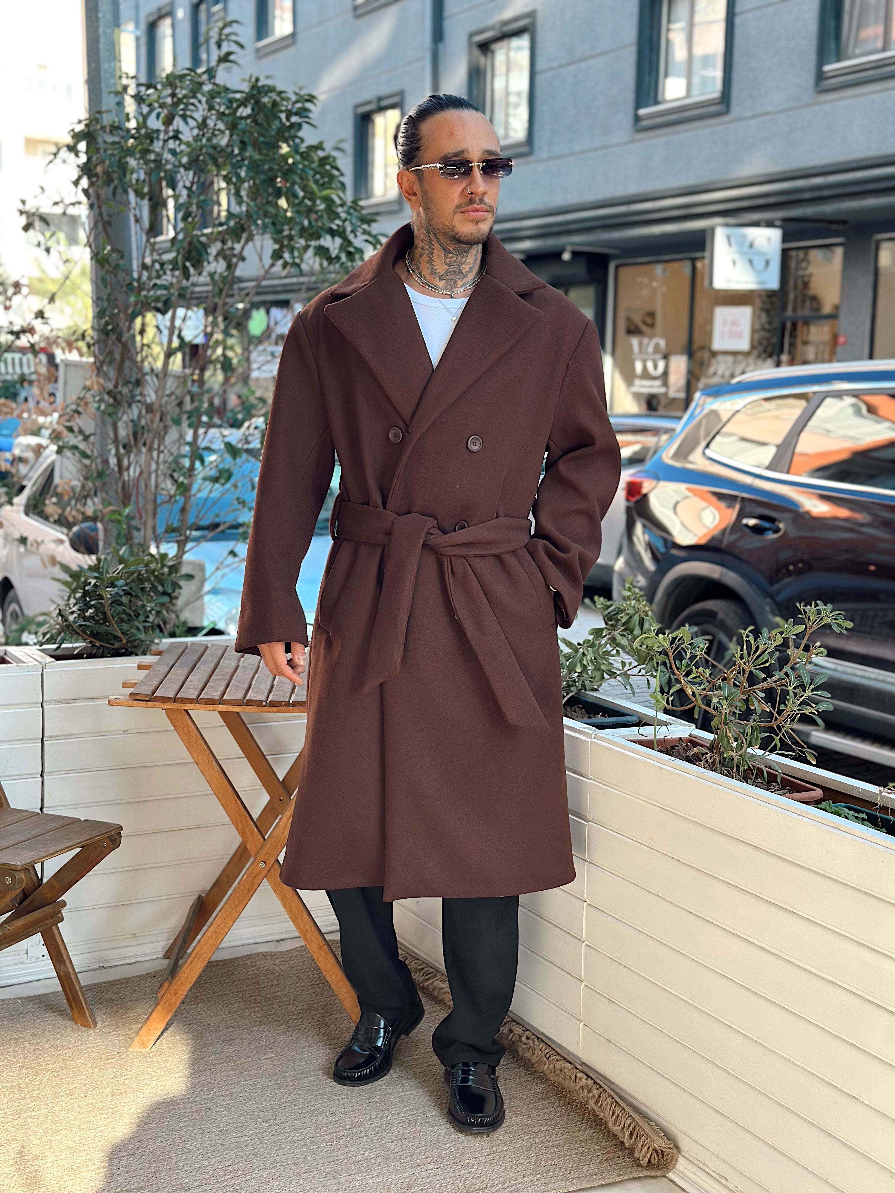 MM4044 - Giesto Oversize Kuşaklı Kaşe Kaban Kahve