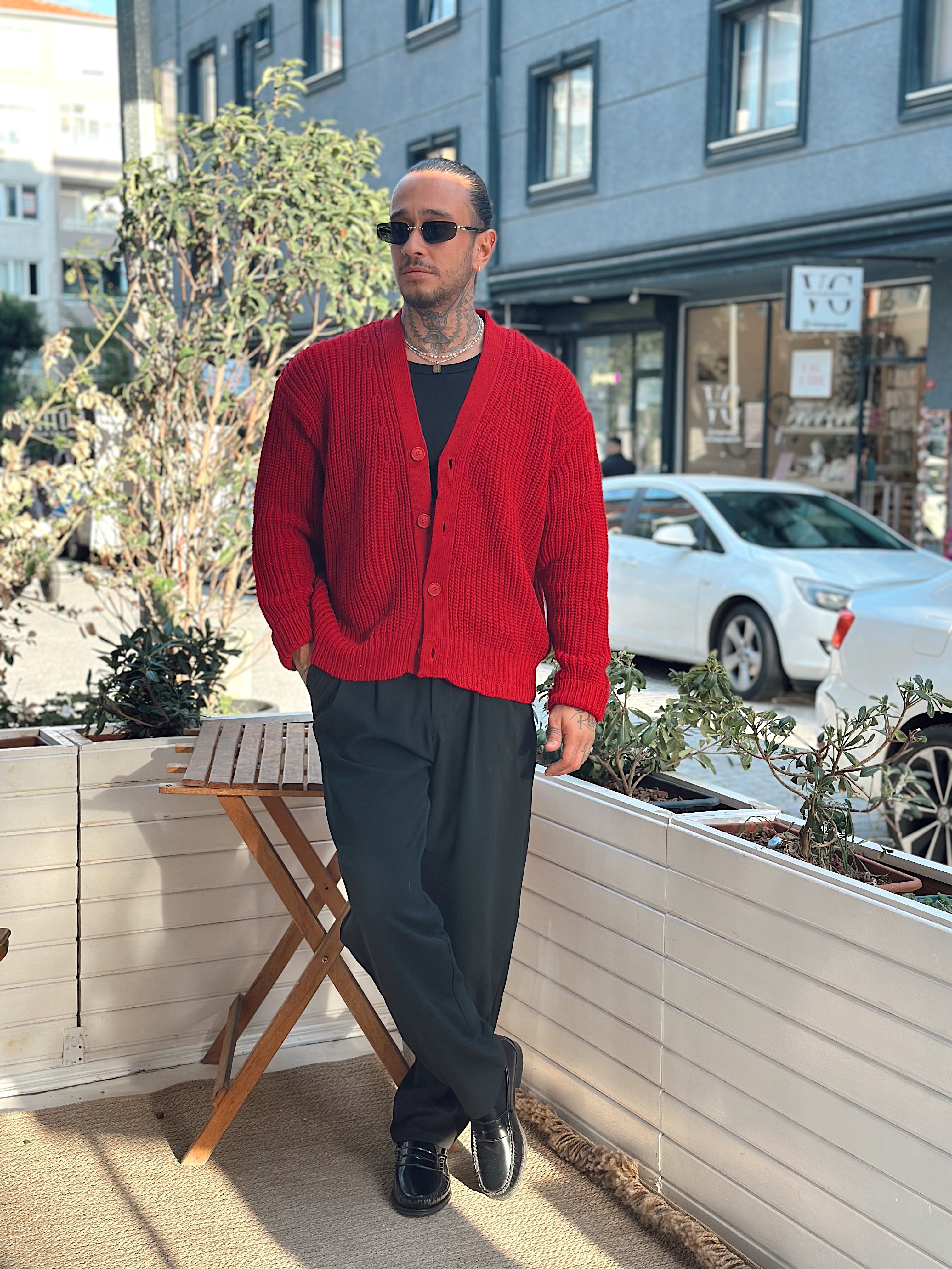 MS4002 - Oversize Örme Basic Hırka kırmızı