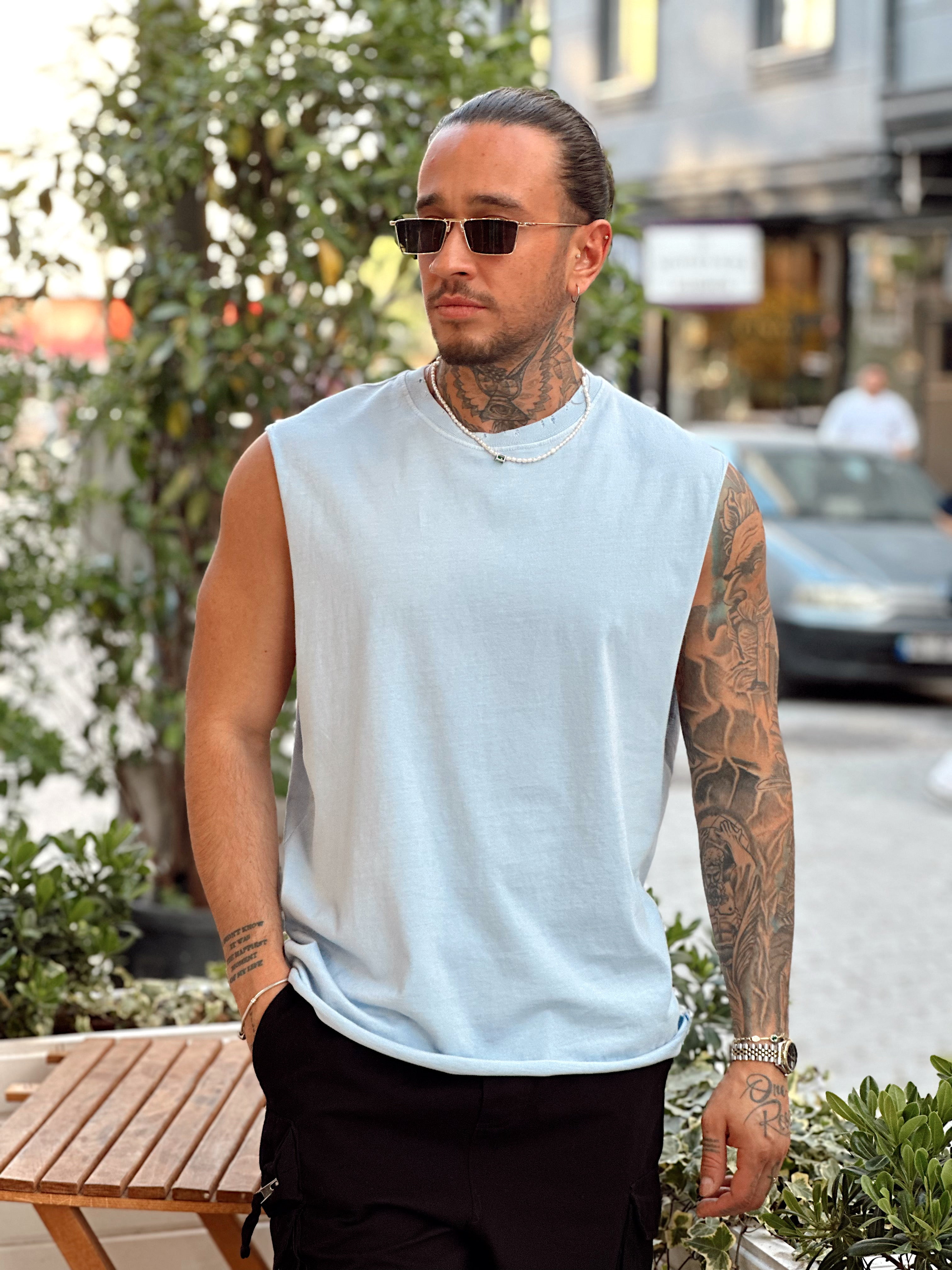 MT2665- Fırçalı Kumaş Kolsuz T-Shirt mavi