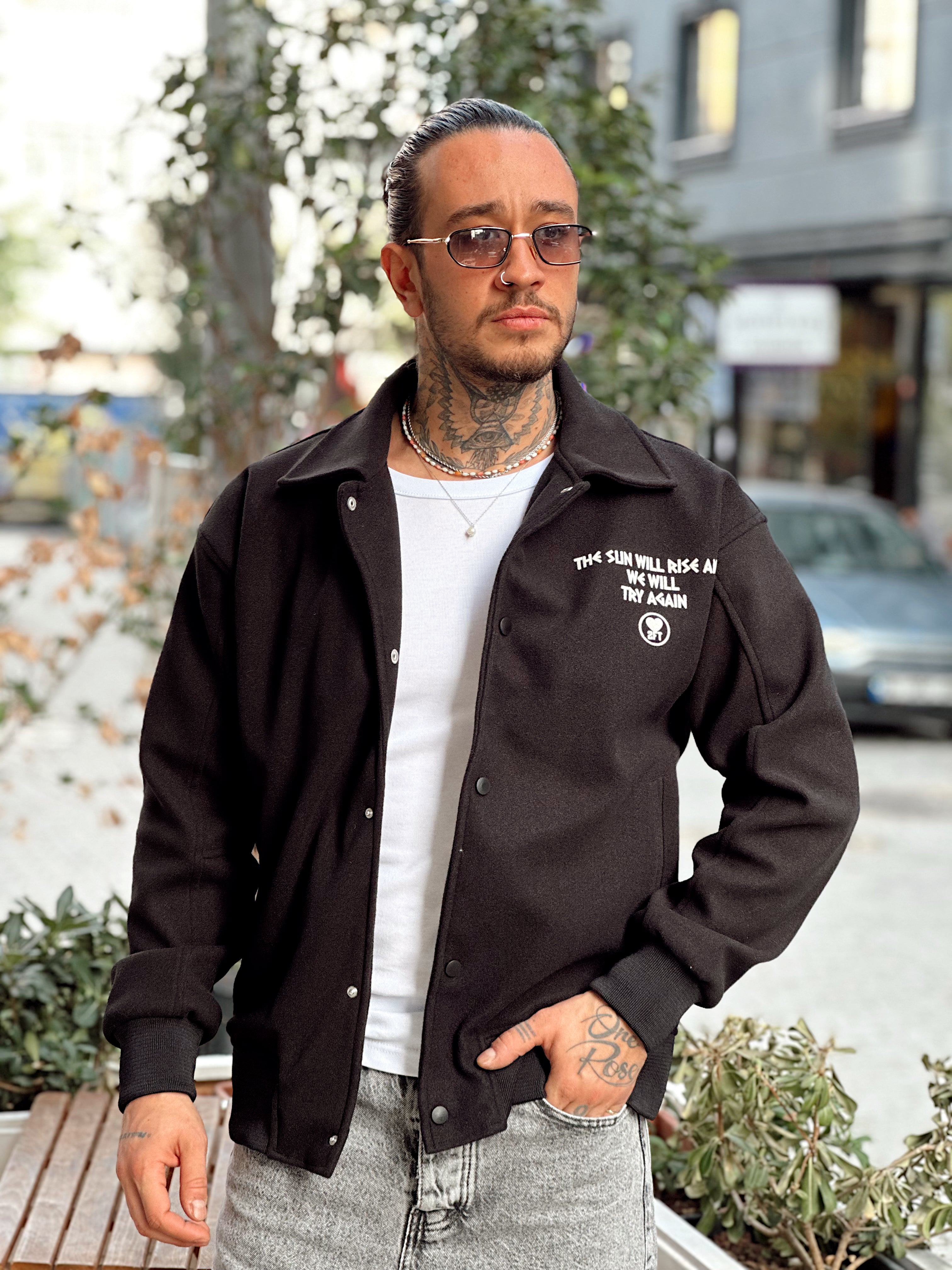 MC4088 - Flok Ön Arka Baskılı Kaşe Ceket siyah