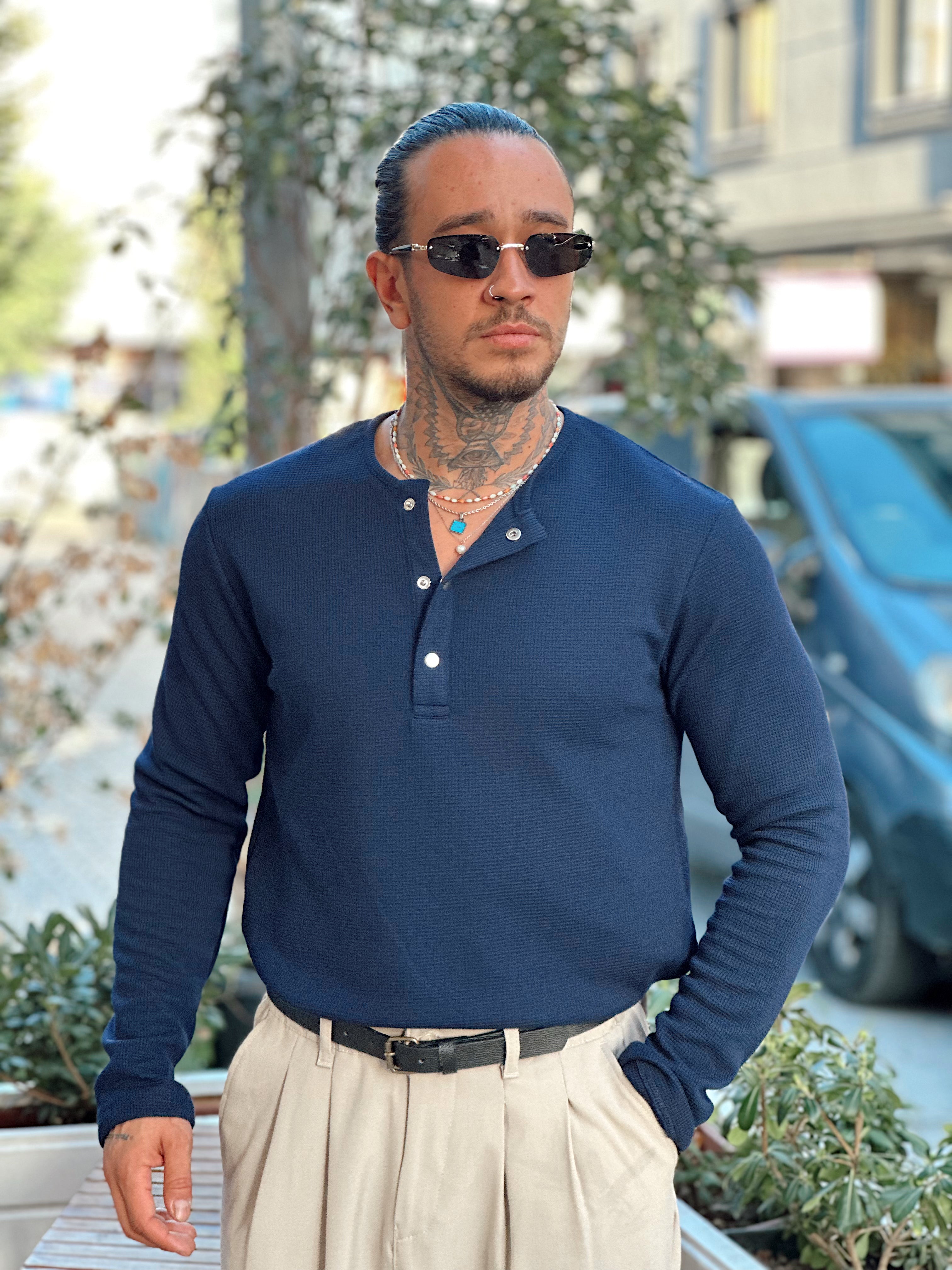 MS4043 - Basic Yaka ÇıtÇıtlı Waffle Kumaş Sweatshirt  Laci