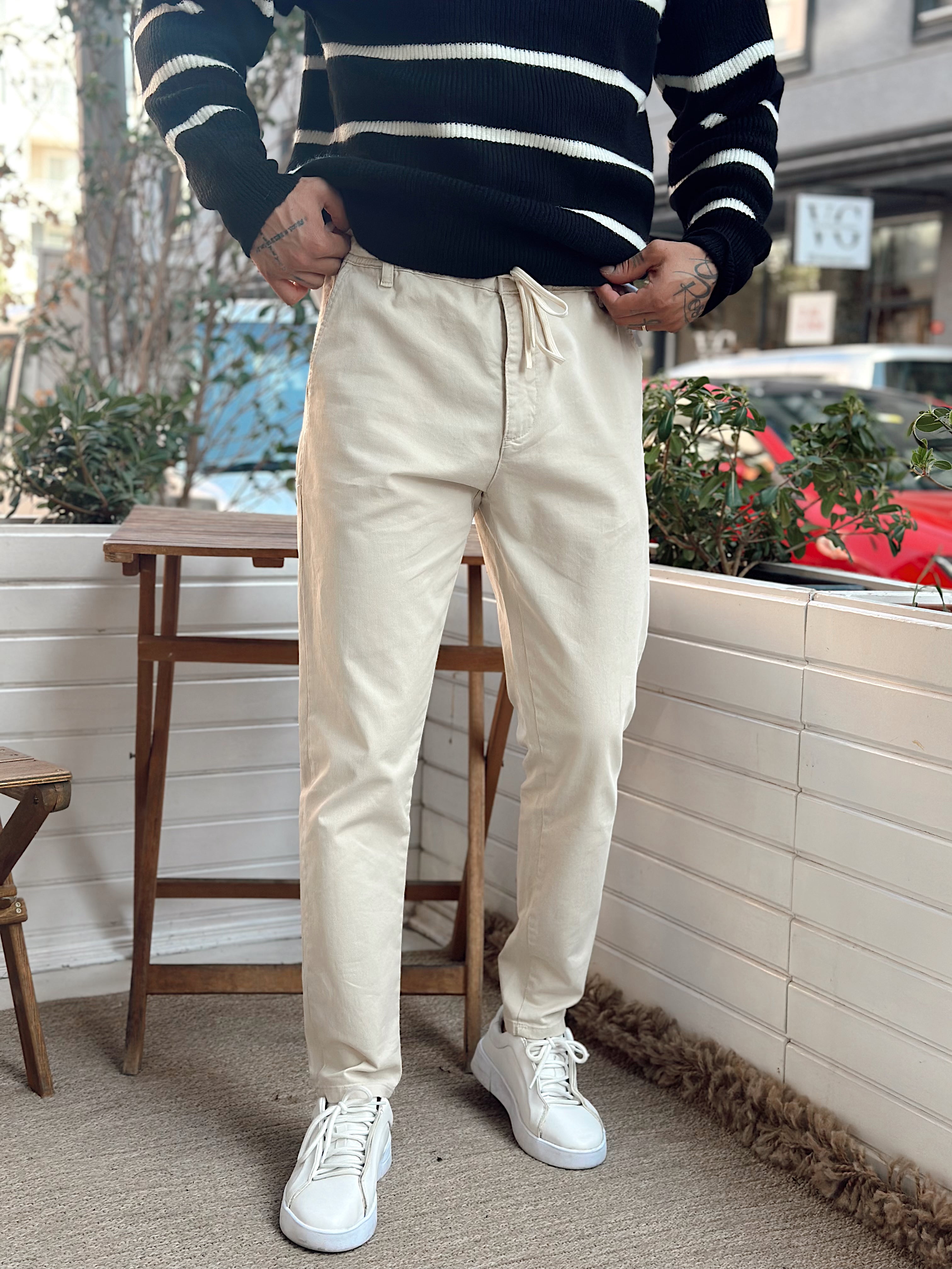 MP4048 - İtalyan Kesim Beli İpli Gabardin Pantolon krem