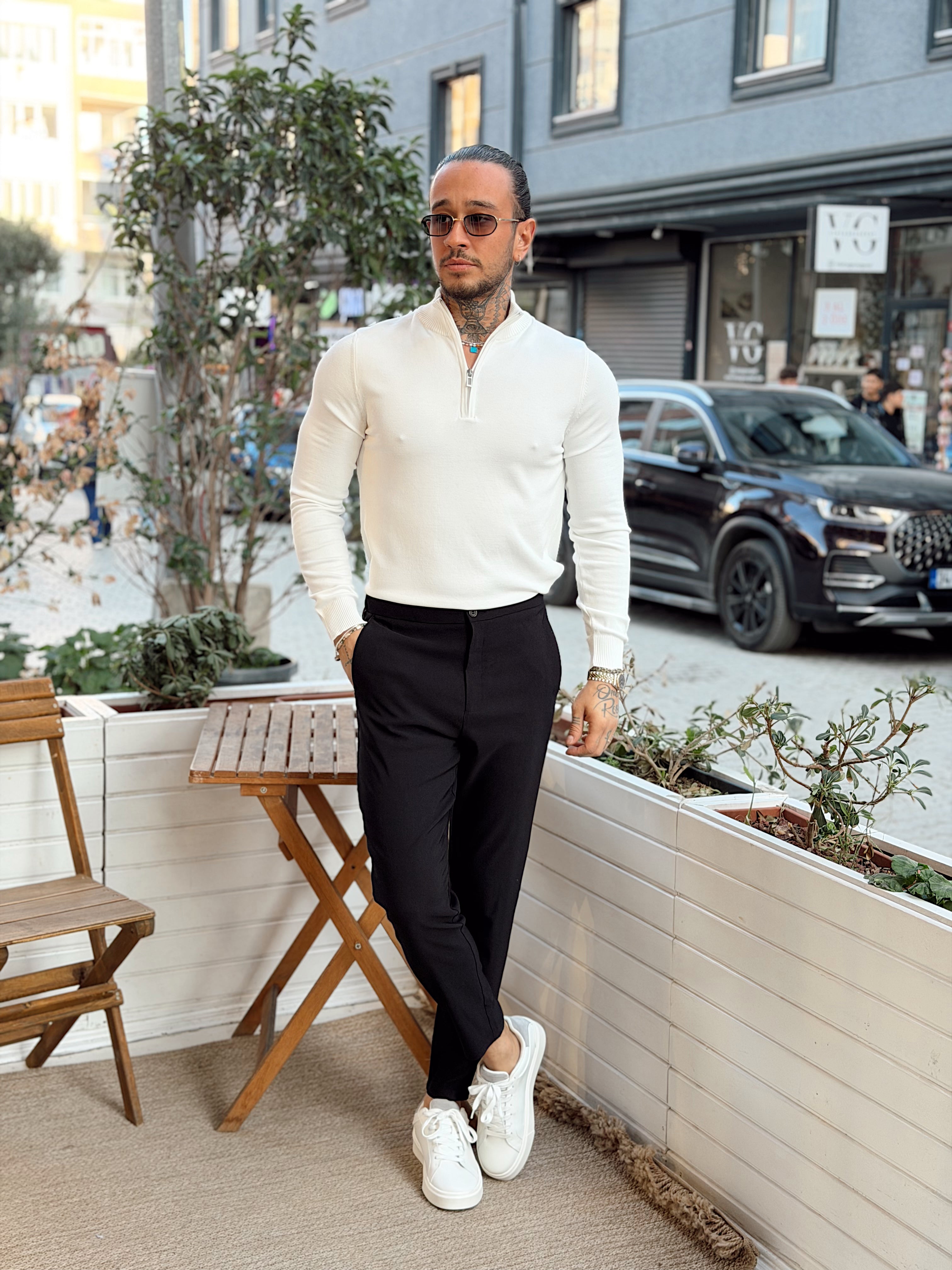 MS4132 - Balıkçı Yaka Fermuarlı Sweatshirt beyaz