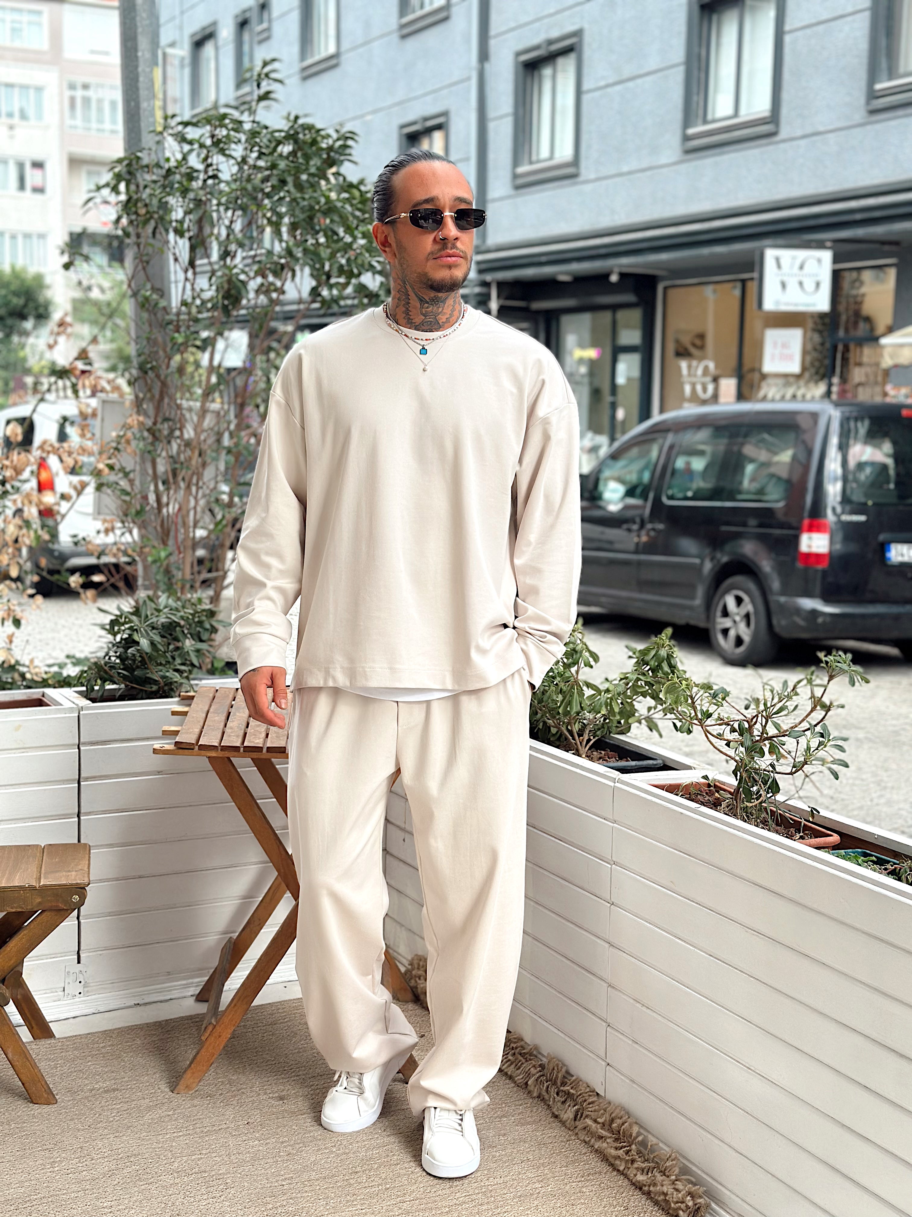 MT4066 - Modal Kumaş Sweatshirt Pantolon Takım krem