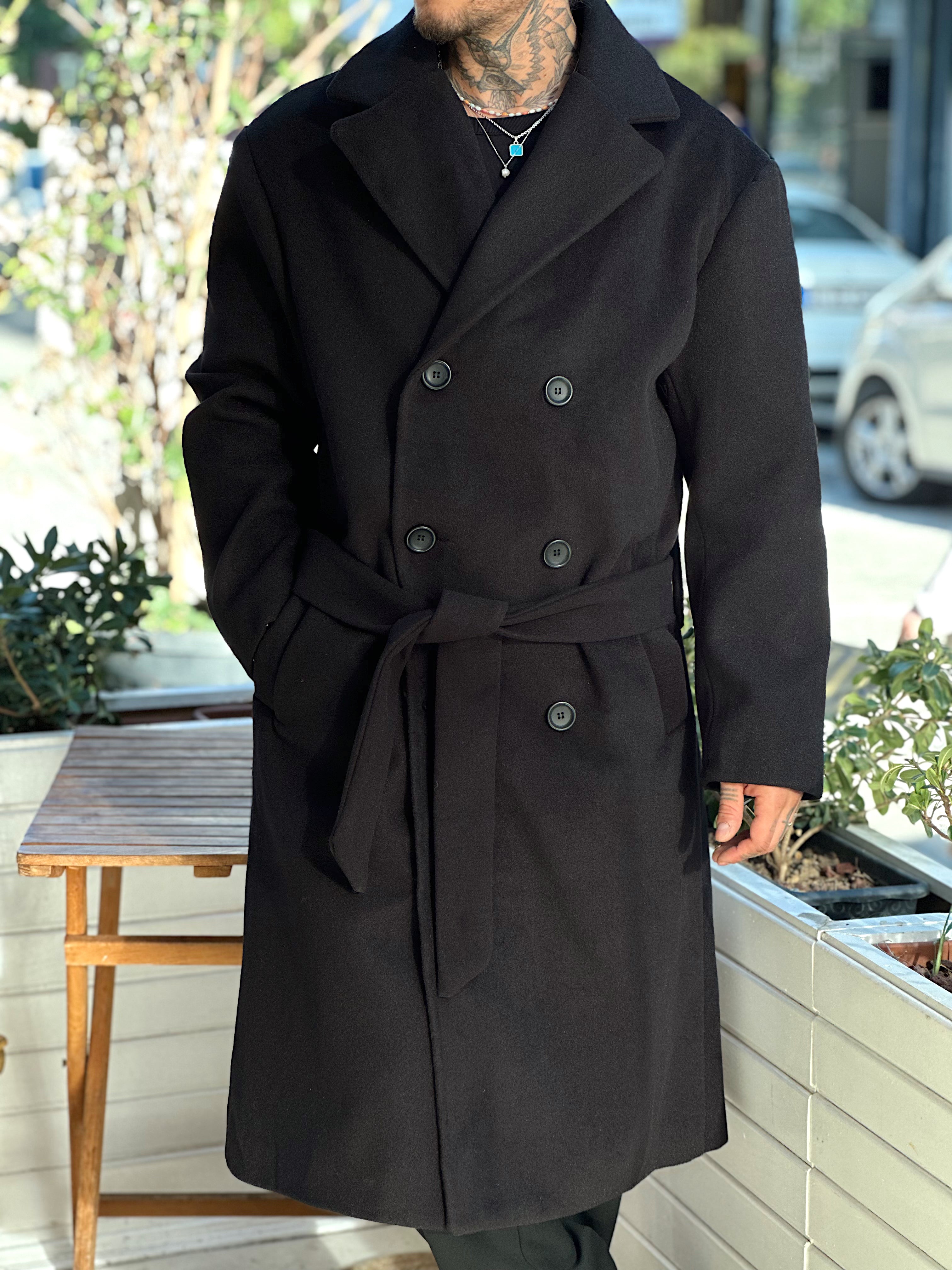 MM4044 - Giesto Oversize Kuşaklı Kaşe Kaban siyah