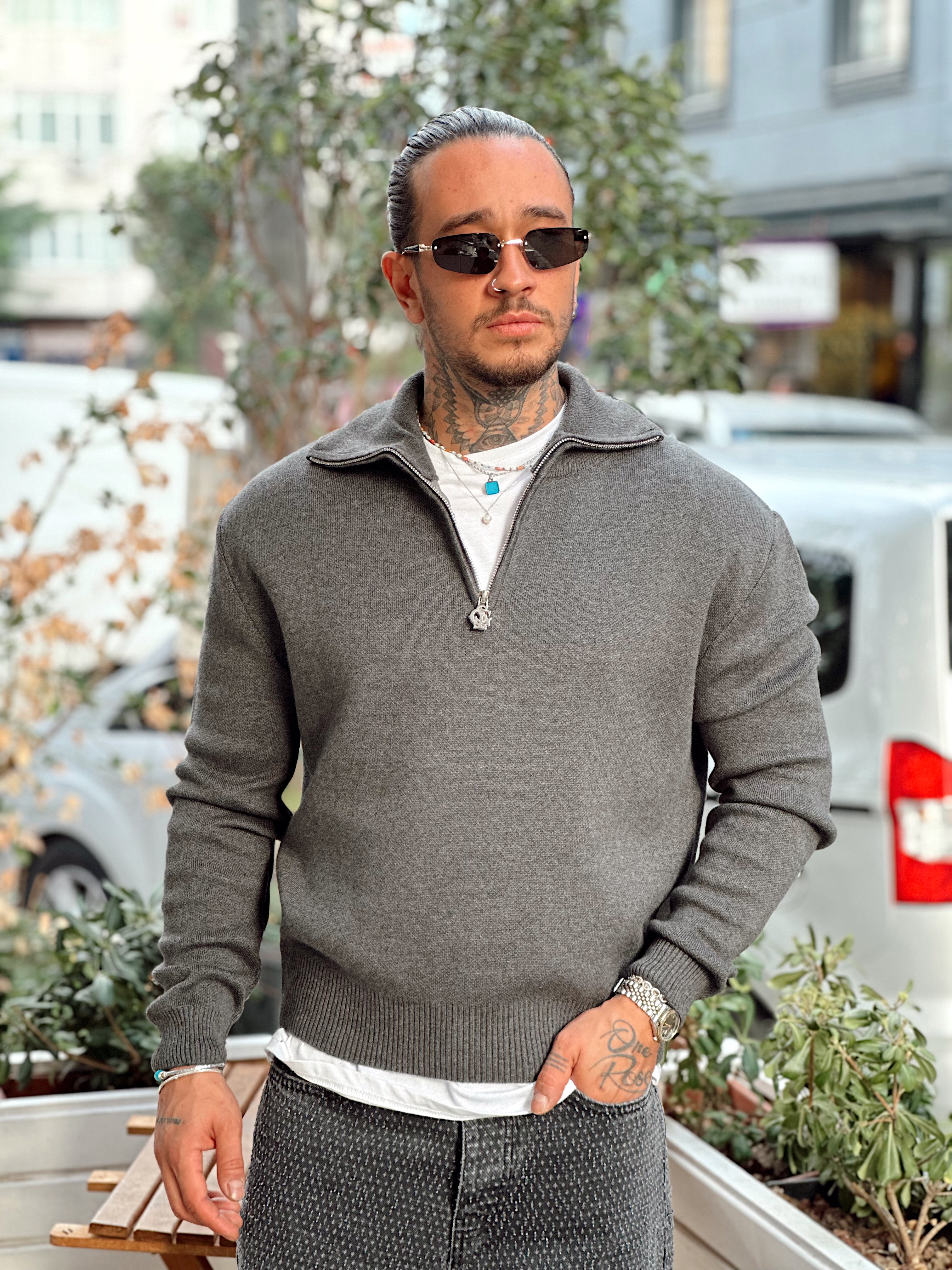 MS4058 - Yakası Fermuarlı Oversize Basic Triko Sweatshirt gri